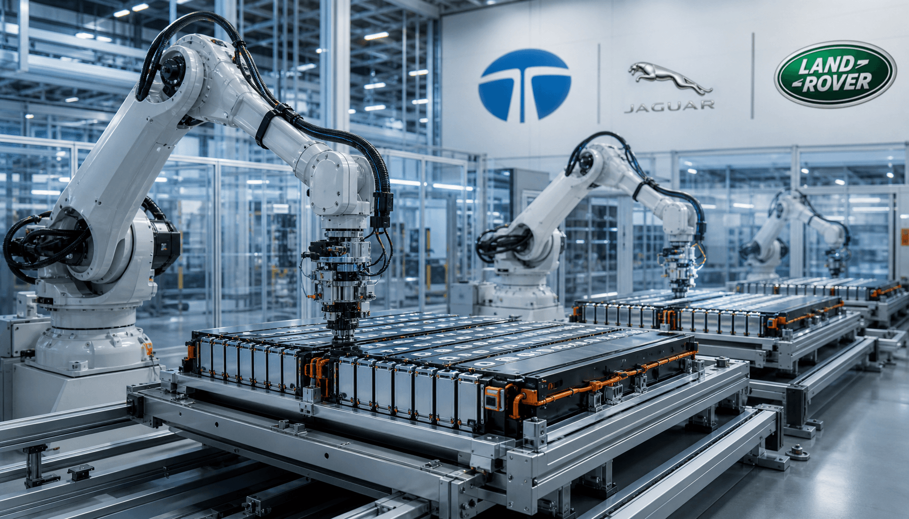 A clean, high-tech factory floor featuring robotic arms assembling lithium-ion battery modules, with