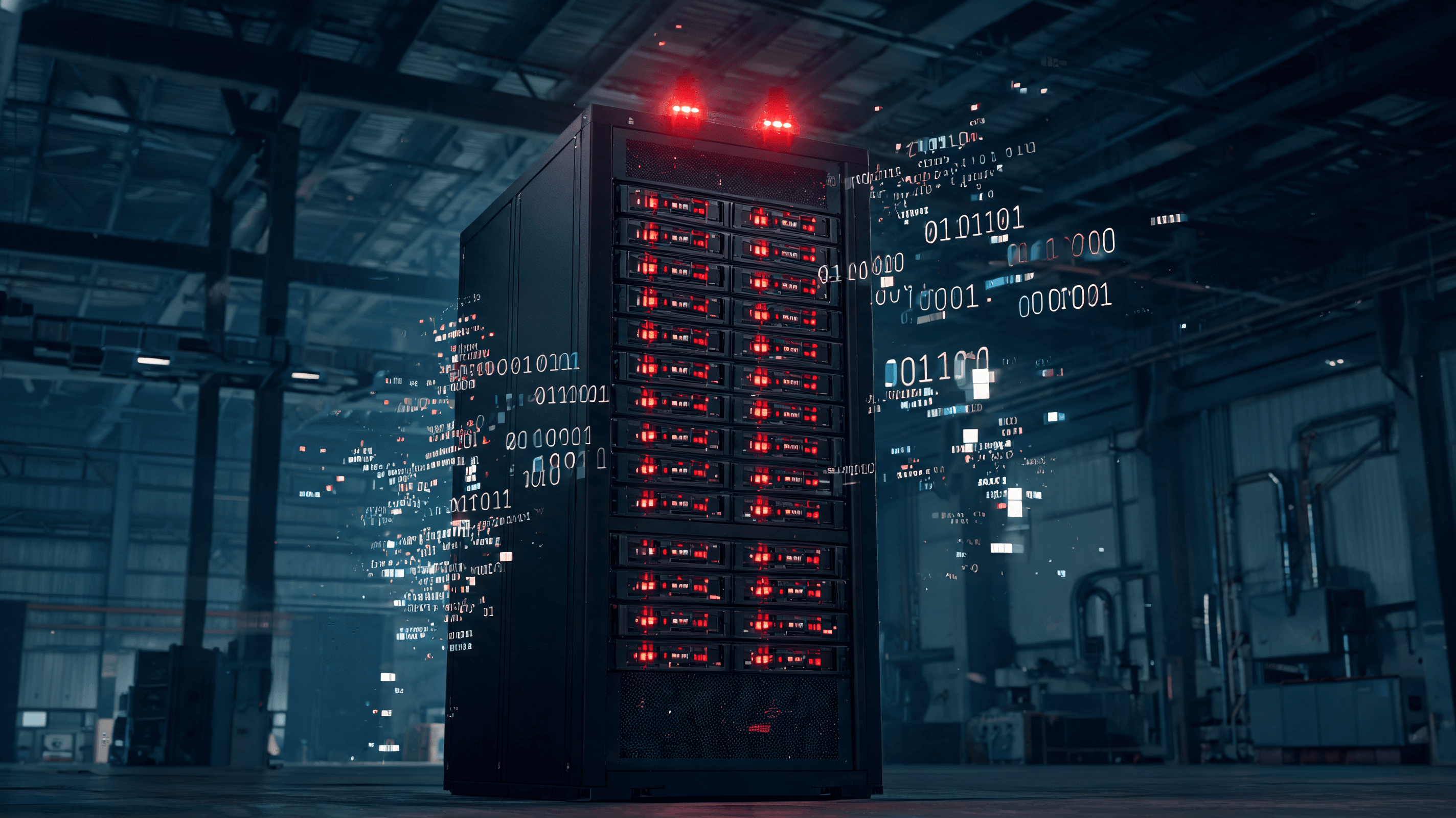A digital representation of a compromised server rack in a modern industrial factory, with glowing r