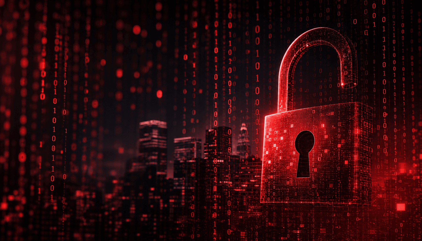 A dark, ominous digital background with glowing red binary code and a partially visible padlock icon
