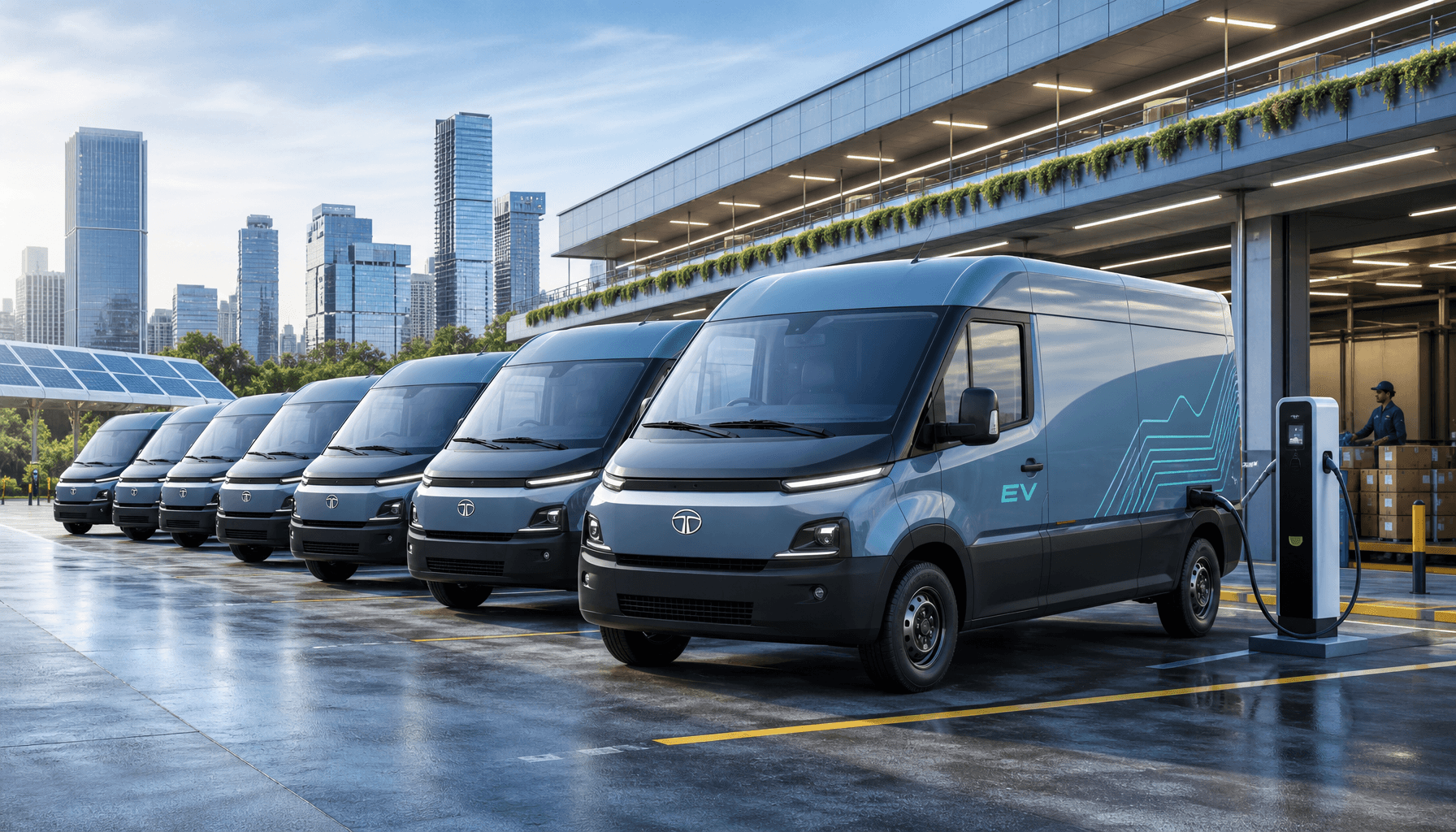 A fleet of modern electric delivery vans from Tata Motors lined up in a bright, futuristic urban log