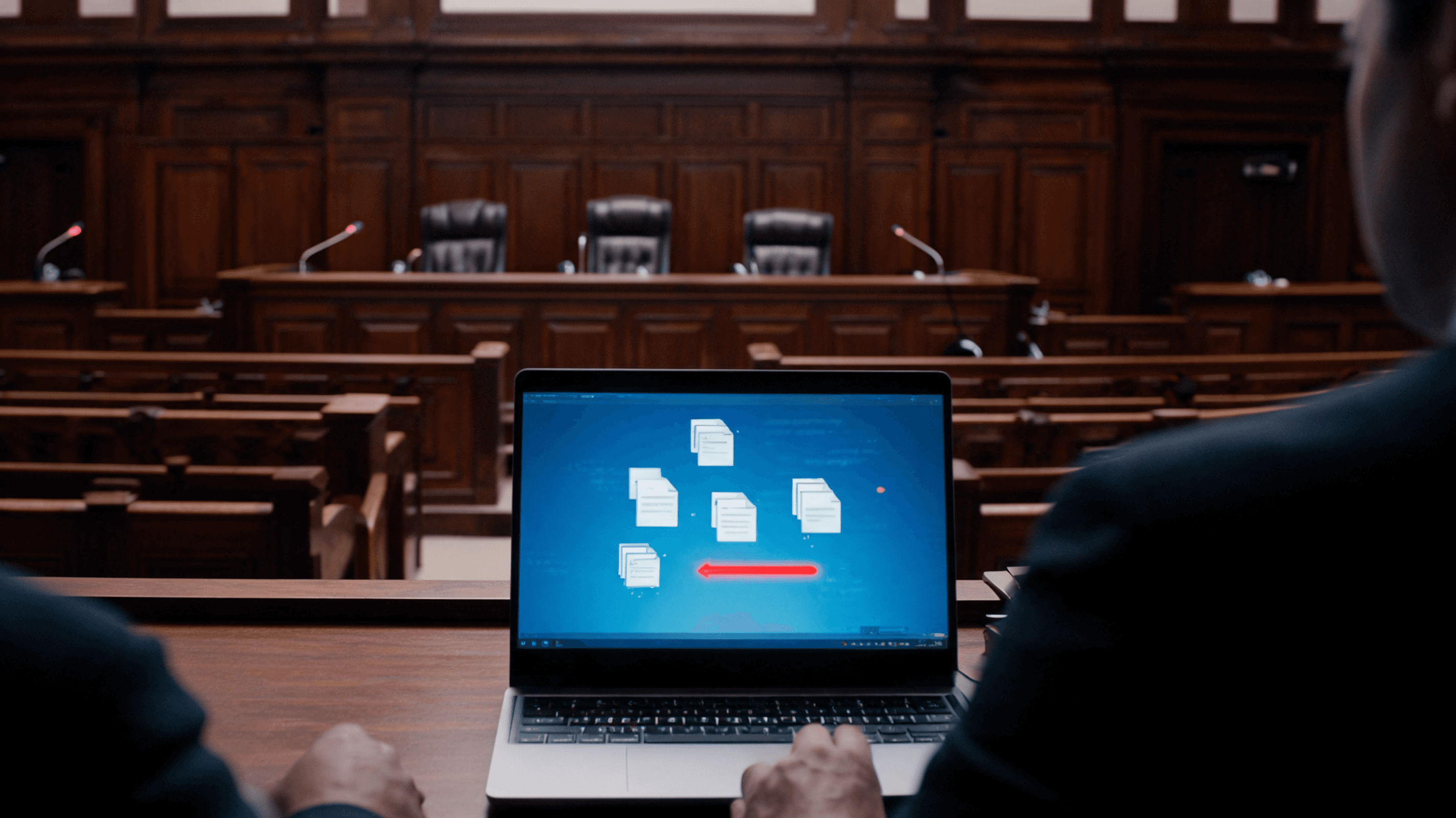 A courtroom or legislative hearing room scene with a blurred focus on digital files being exchanged,