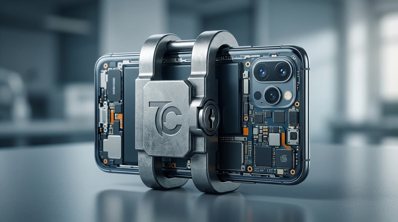 A visual metaphor of a smartphone with exposed internal components, being guarded or caged by a comp