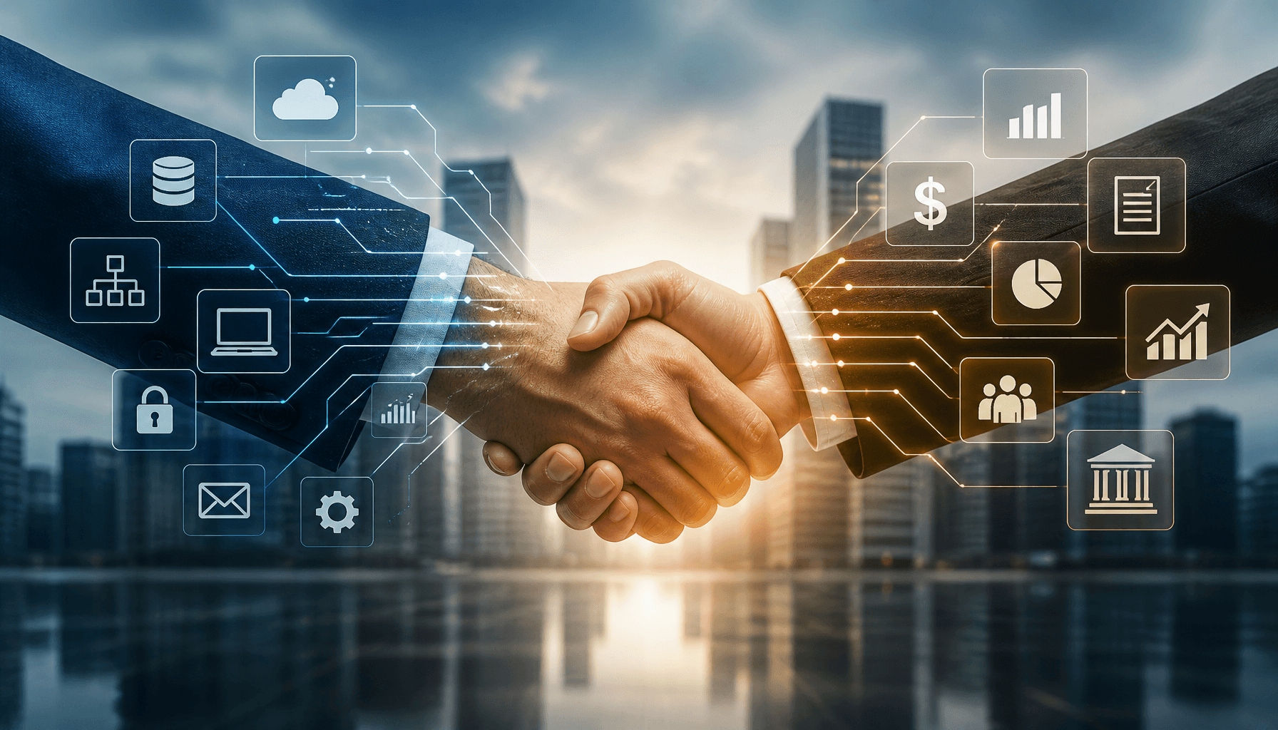 A visual representation of corporate merger and acquisition concepts, with digital icons representin