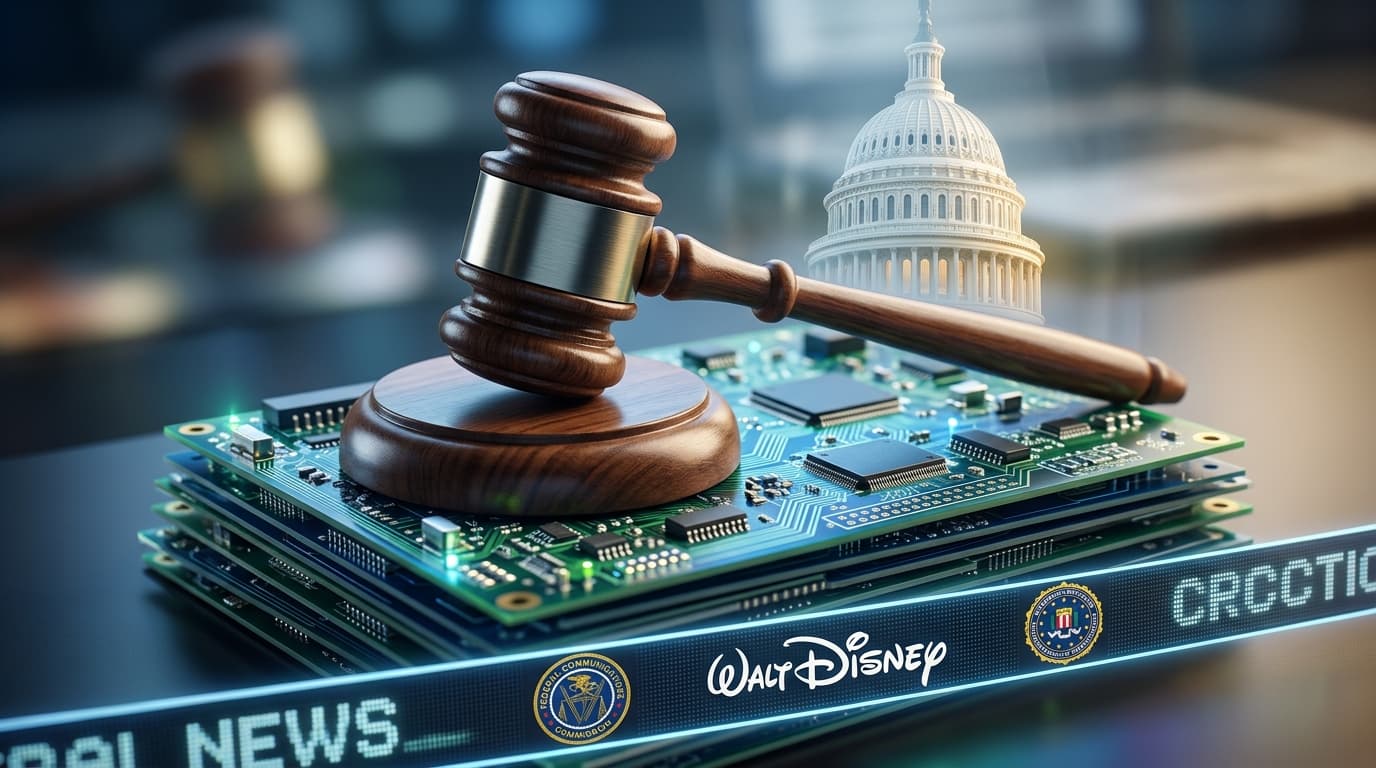 A conceptual image of a courtroom gavel resting on a stack of digital circuit boards, with a transpa