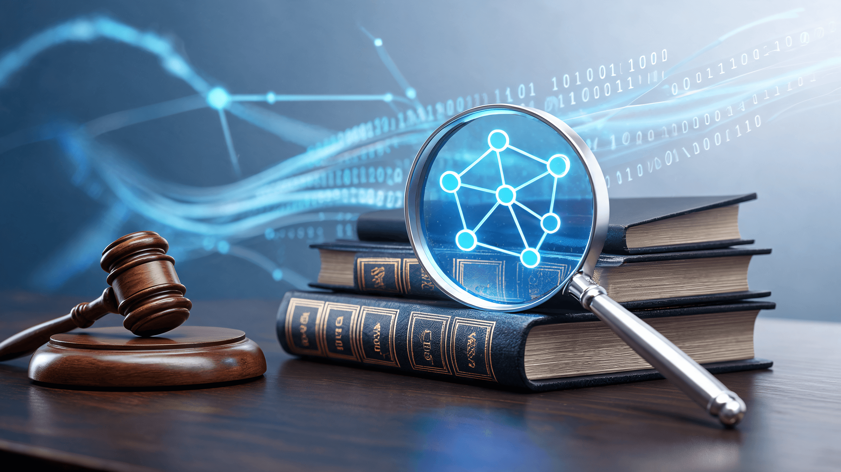 A conceptual image of a law library or courtroom gavel, with digital data flowing in the background