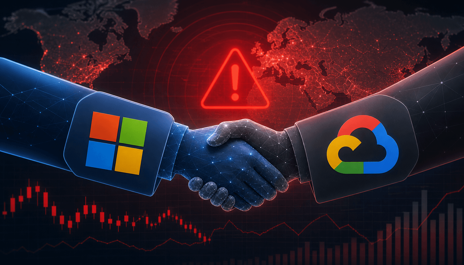 A digital graphic depicting a handshake between abstract tech corporate logos, with a red warning li