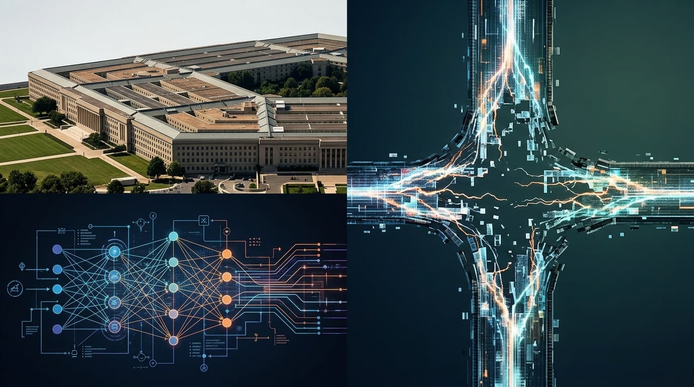 A split visualization featuring the Pentagon's architecture on one side and advanced neural network