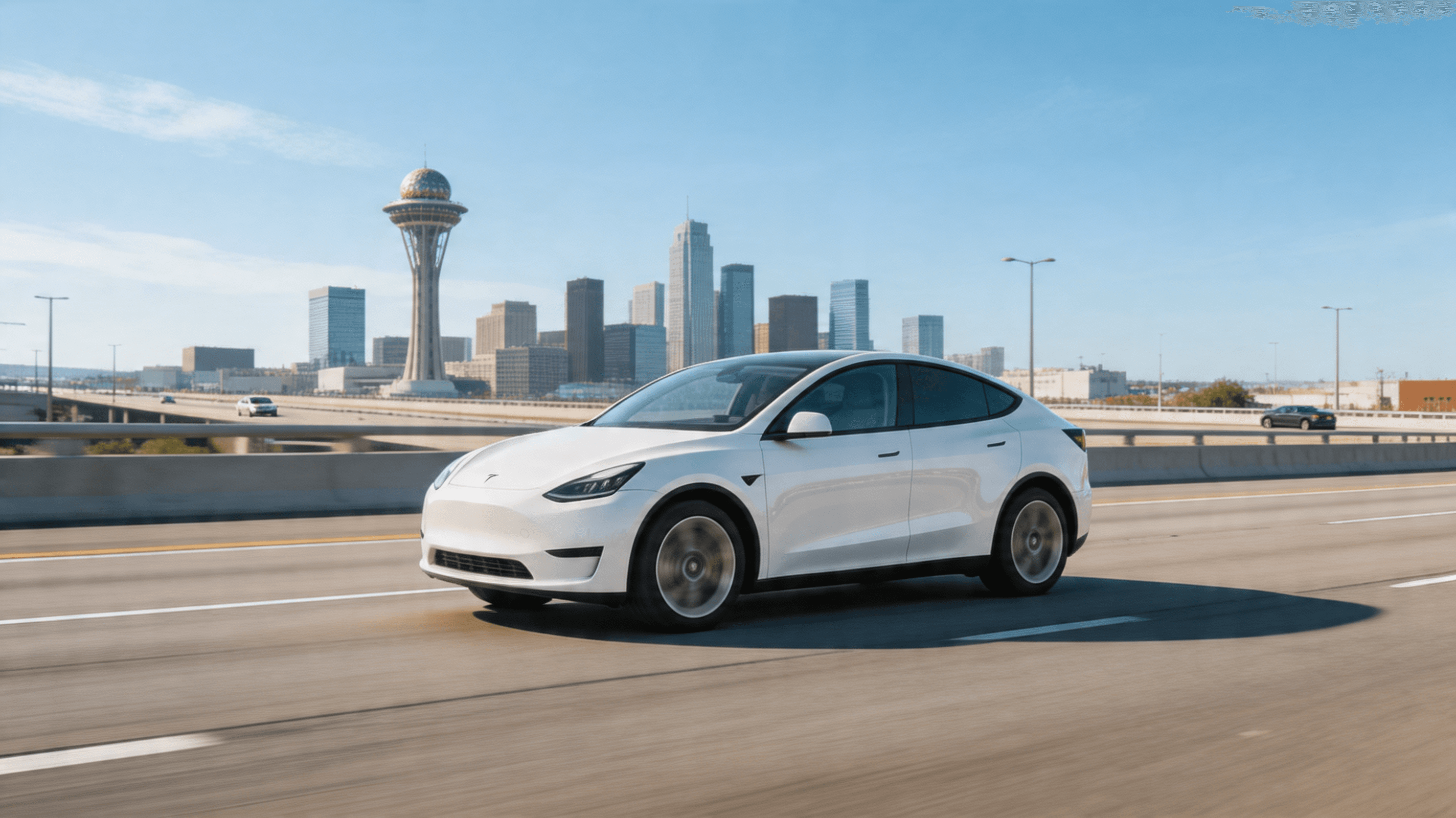 A modern Tesla Model Y driving on a sunny city highway in Dallas, side profile, sharp focus on vehic