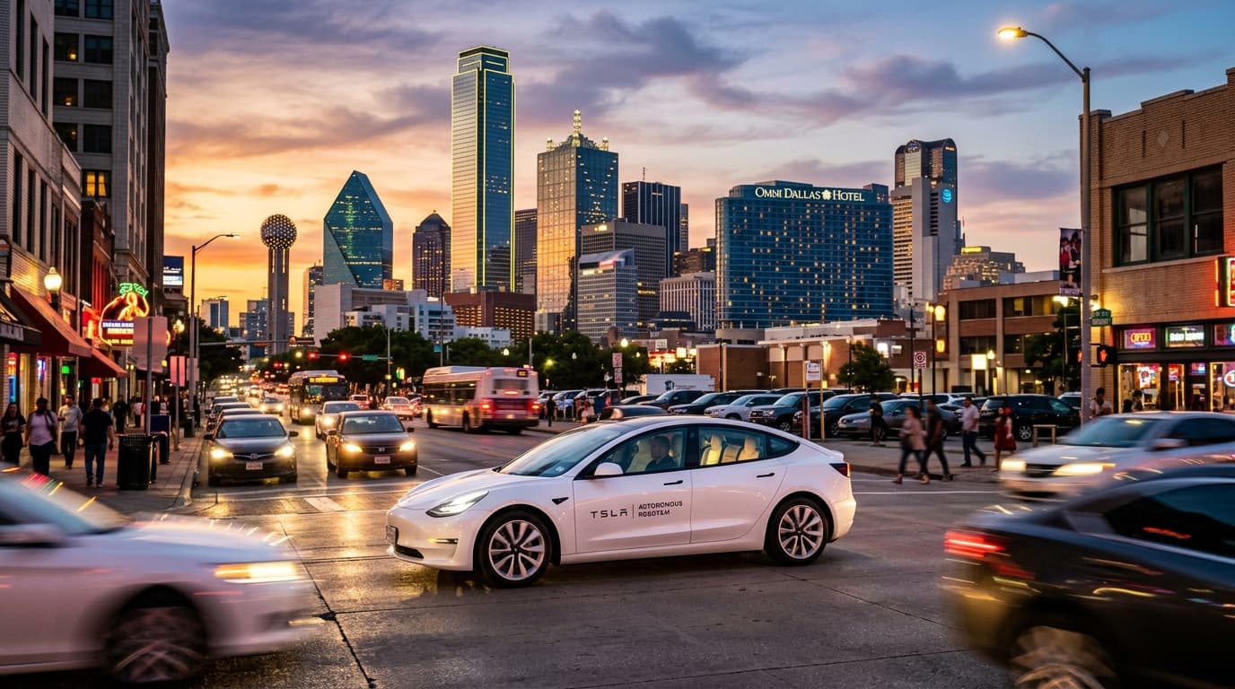 A futuristic Tesla Model 3 or Y acting as a robotaxi on a busy, glowing street in downtown Dallas at