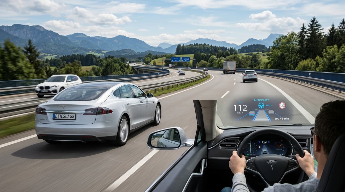 A Tesla vehicle driving on a modern, scenic European highway with high-tech dashboard HUD display in