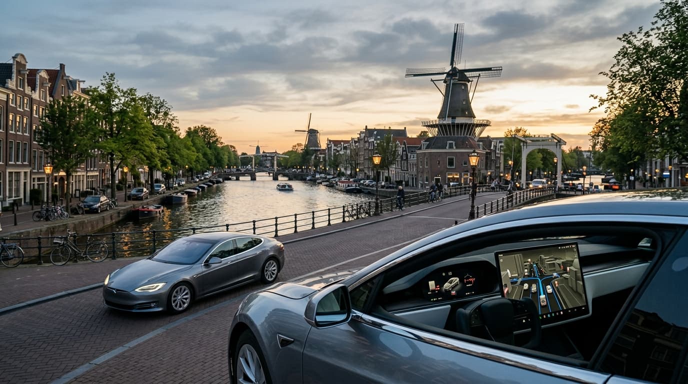 A Tesla vehicle navigating a scenic Dutch cityscape with canals and windmills, displaying a digital