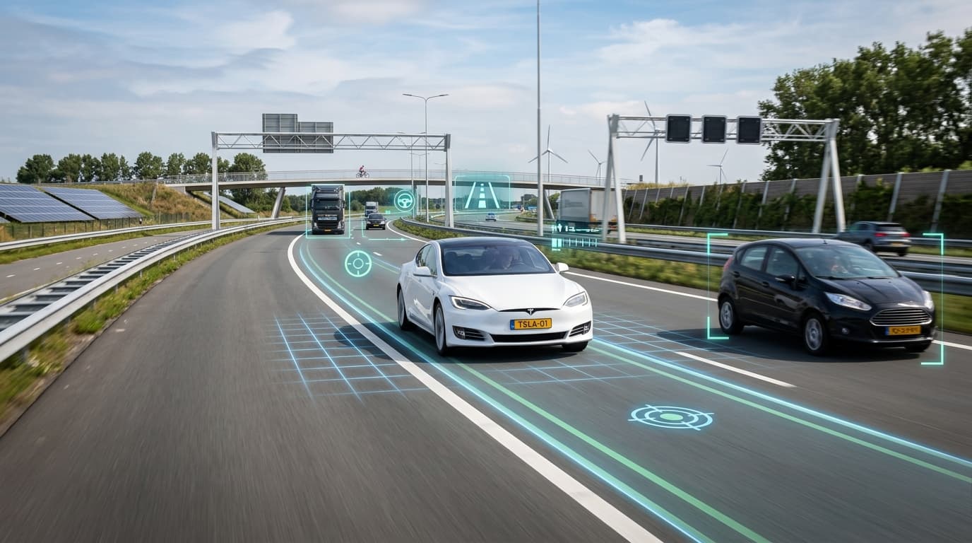A Tesla Model vehicle driving on a modern, clean Dutch highway during the day, with stylized digital