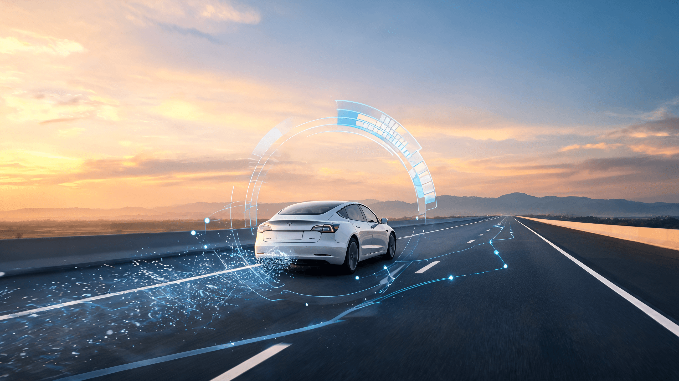 A modern Tesla vehicle driving on a sunset highway, digital data overlay visualization showing milli