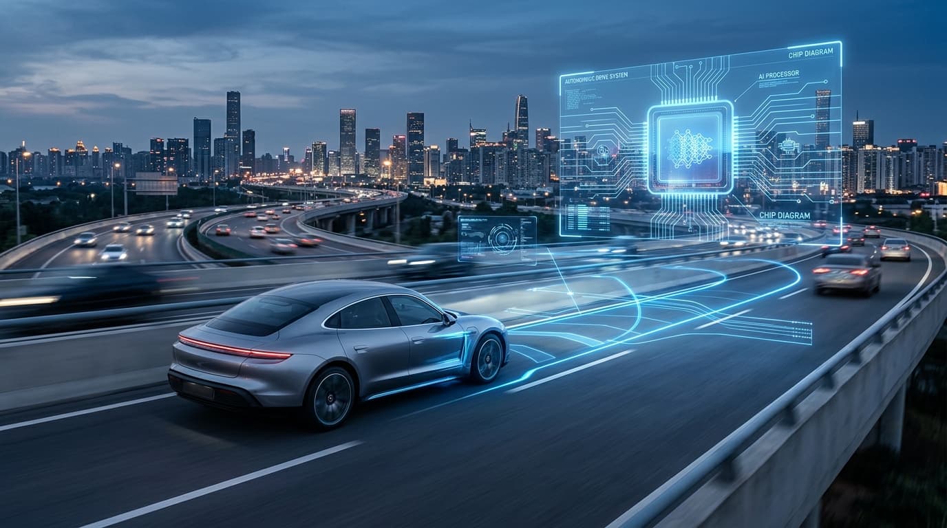 A modern, sleek electric vehicle with futuristic lines, driving on a highway, with floating digital