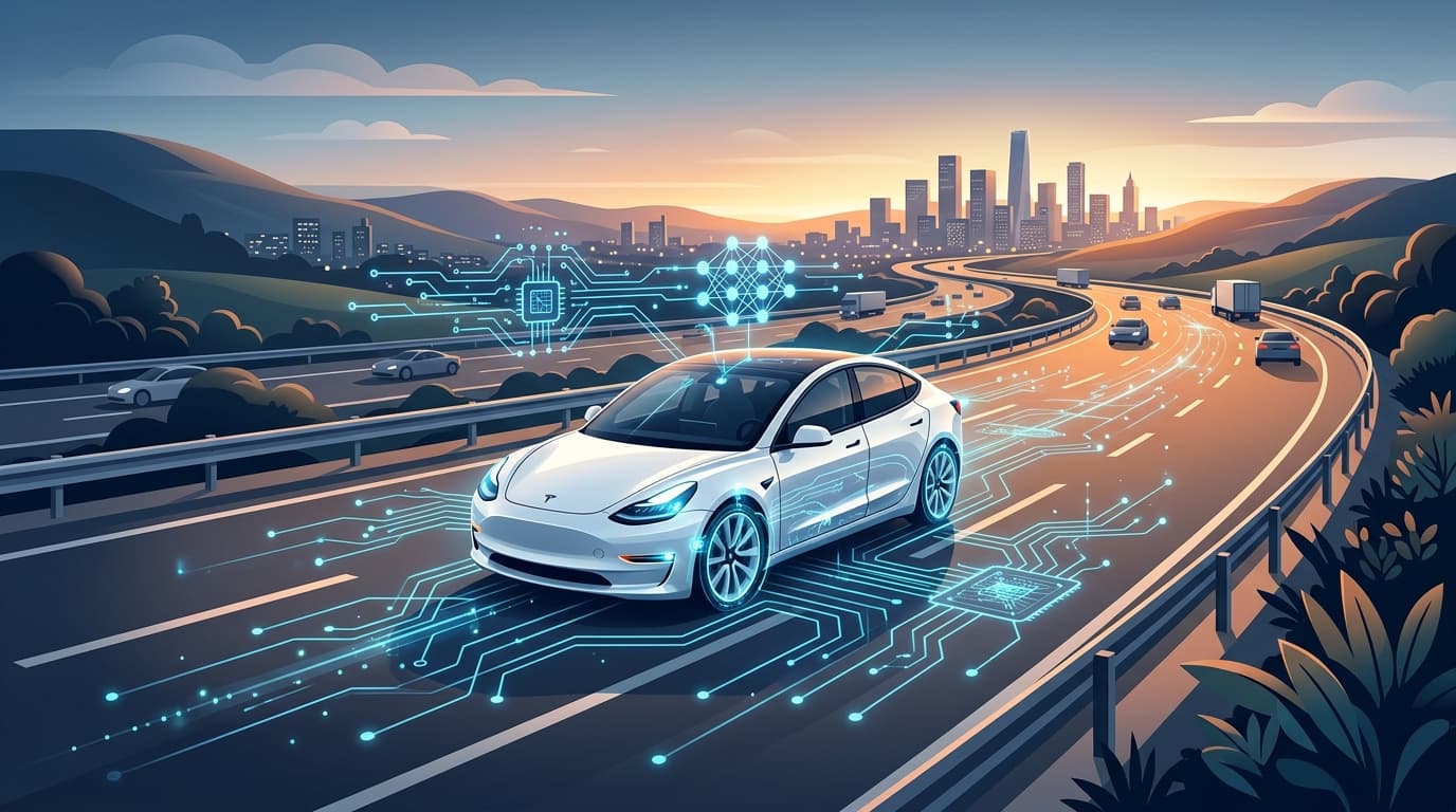 A modern, minimalist illustration of a Tesla vehicle on a highway, with floating digital circuit pat