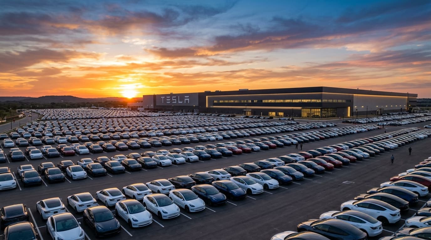 A modern Tesla factory parking lot filled with many new electric vehicles at sunset, with a large wa