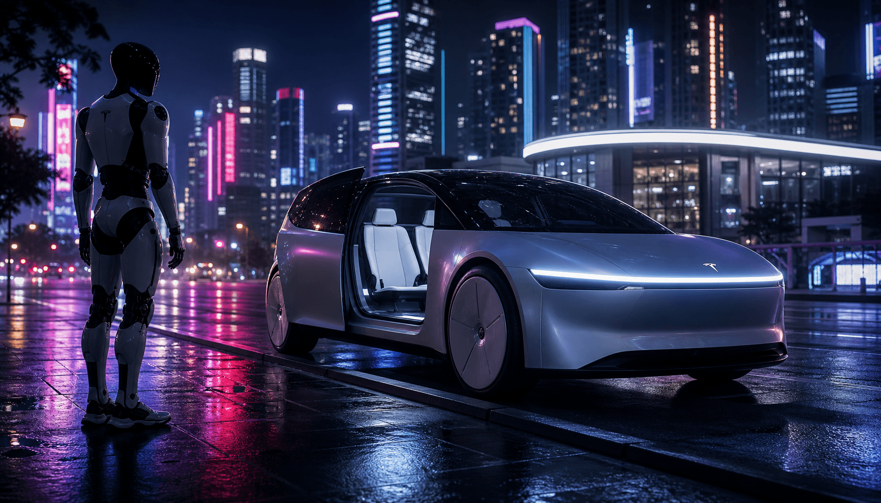 A futuristic Tesla robotaxi on a city street at night, with a silhouette of a humanoid robot nearby,