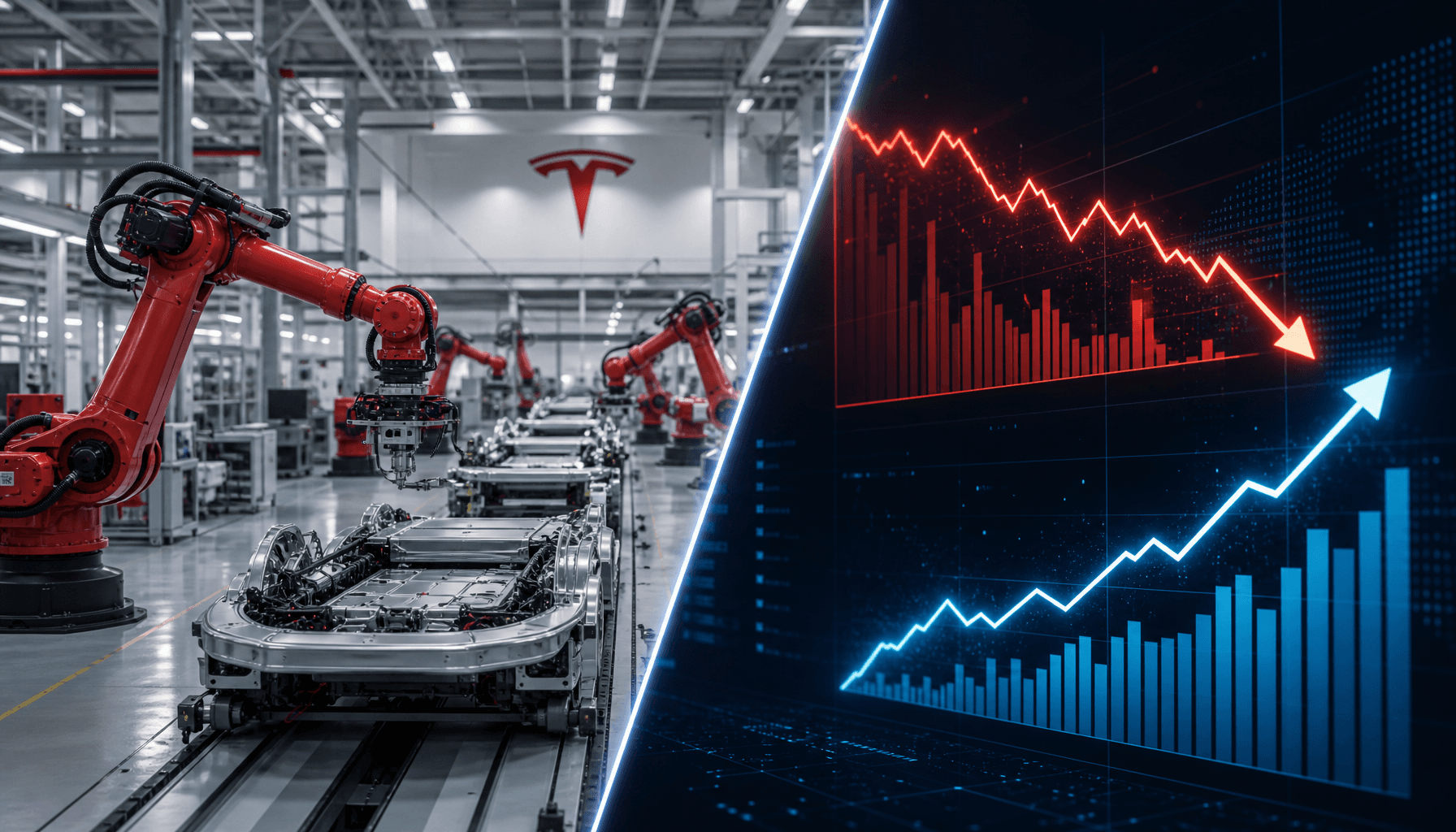 A modern Tesla factory floor with industrial robots working on autonomous vehicle components, split-