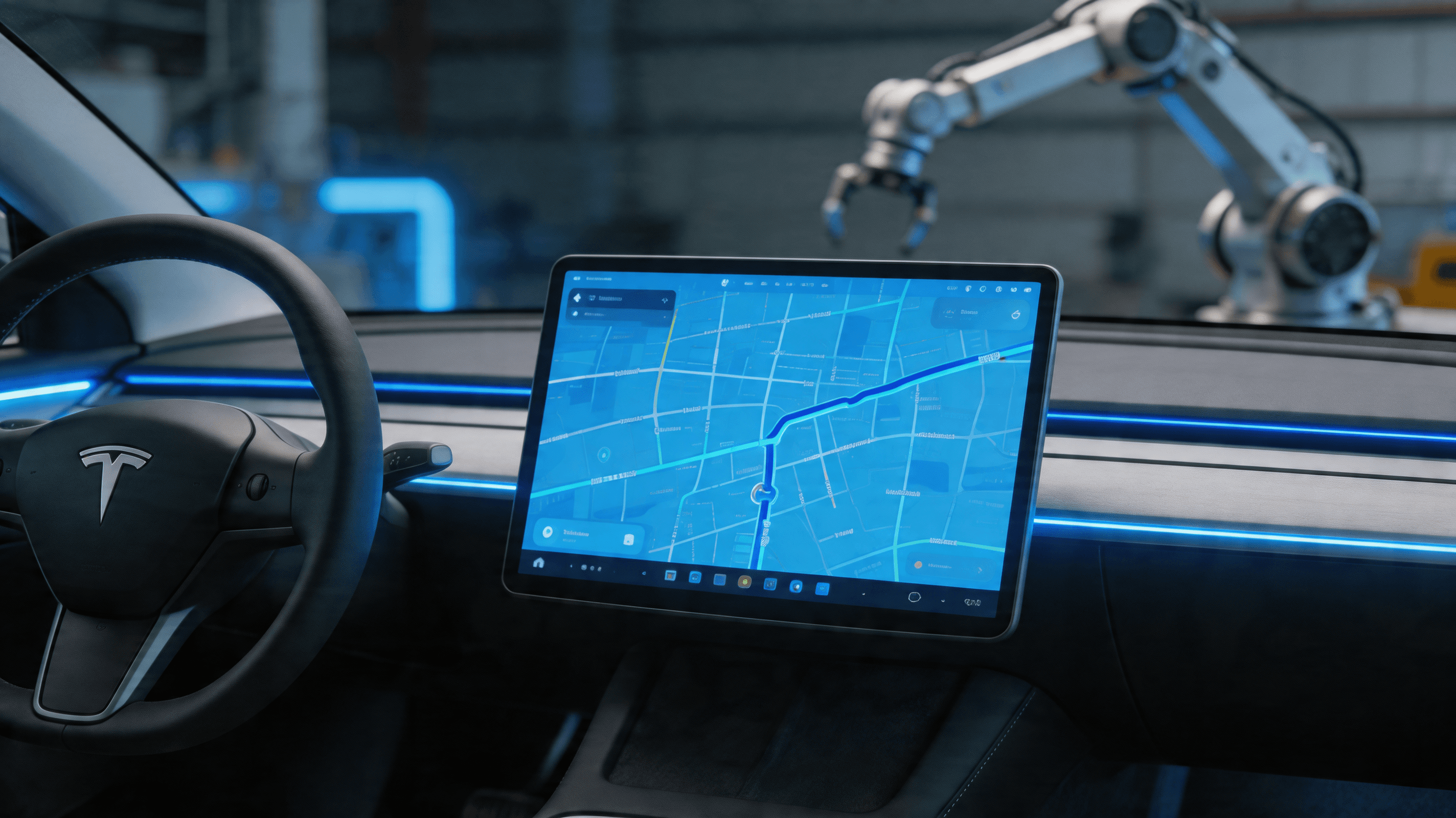 A close-up shot of a Tesla vehicle's interior dashboard showing a sophisticated AI navigation screen