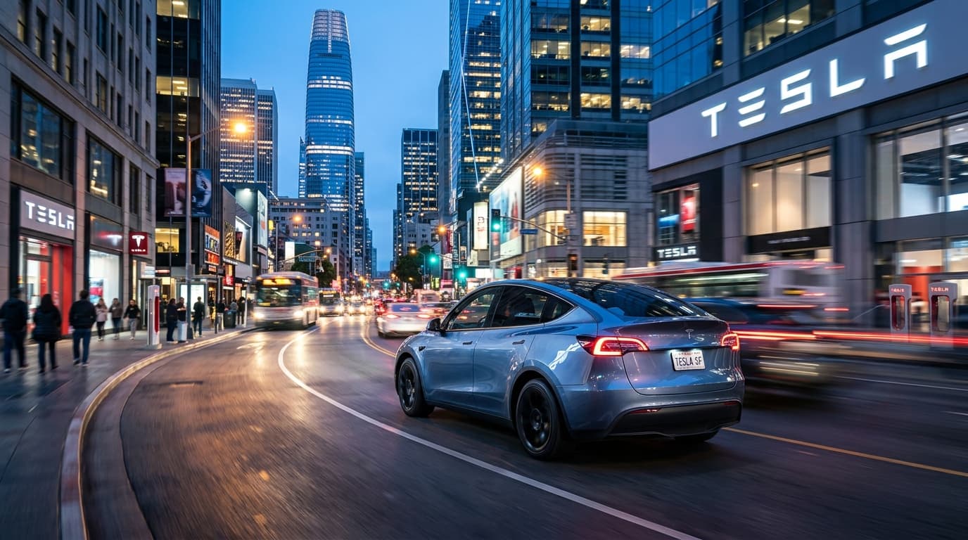 A modern, sleek electric compact SUV driving through a brightly lit city street, Tesla branding, fut