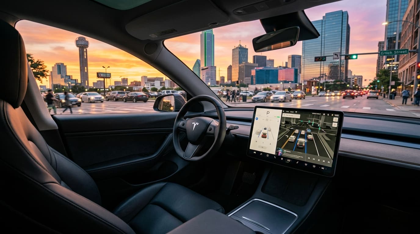 Tesla vehicle driving autonomously on a city street in Dallas at sunset, cinematic lighting, sleek t