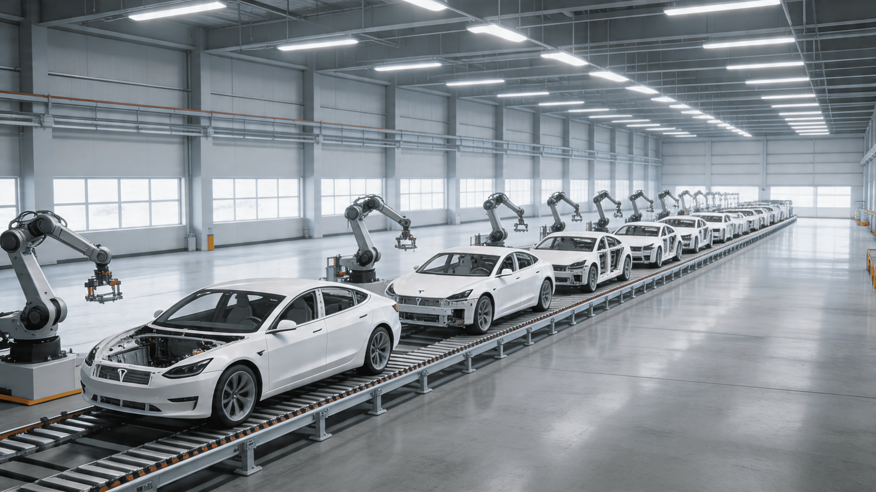 A modern, high-tech Tesla factory floor with industrial robots, clean and bright aesthetics, symboli