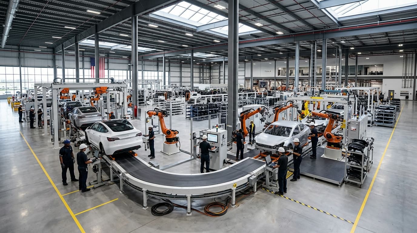 A modern, large-scale automotive manufacturing facility in Texas, sleek and futuristic, partially au