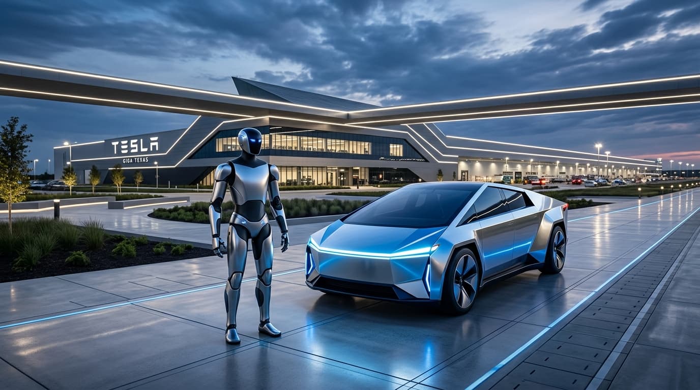 A modern Tesla Gigafactory in Texas with futuristic lines, an abstract representation of a Cybercab