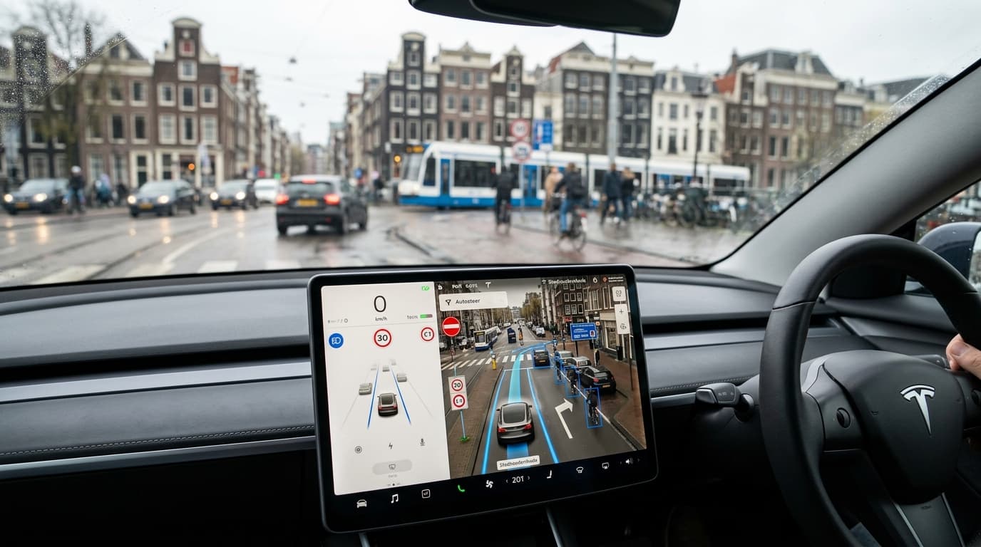 A close-up of a Tesla dashboard monitor showing the FSD visualization interface with European street