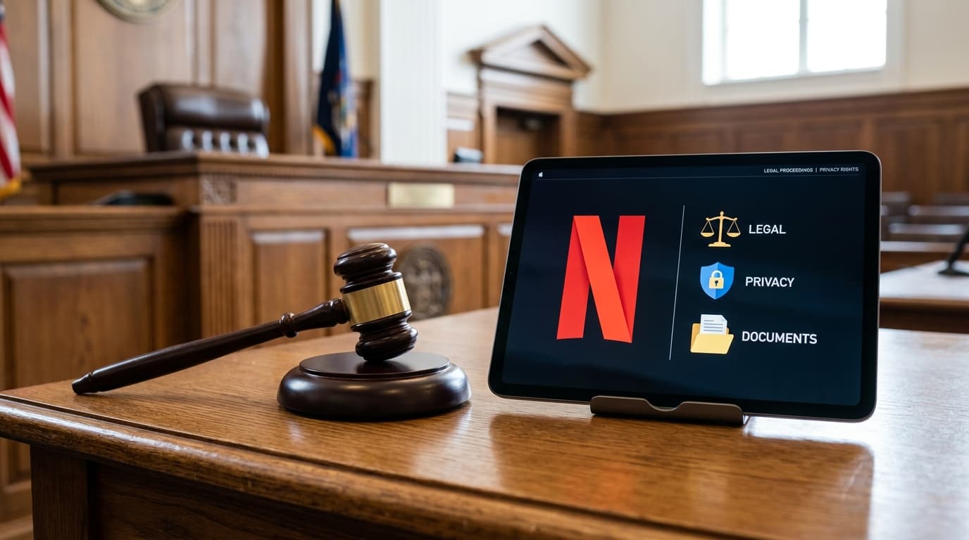 A courtroom gavel sitting on a wooden desk next to a digital screen displaying the Netflix logo and