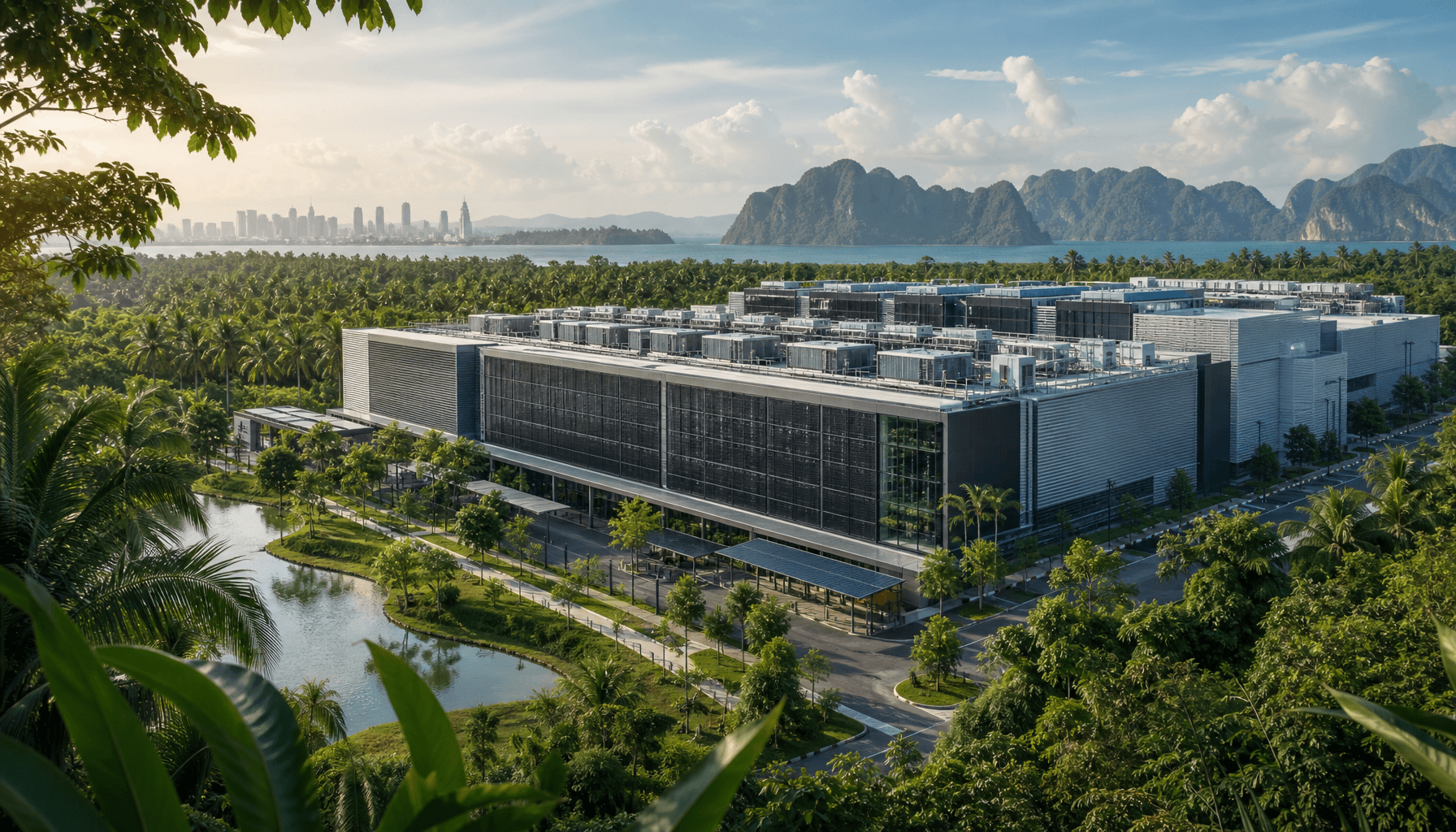 A modern data center facility in a lush tropical environment, symbolizing the integration of high-te