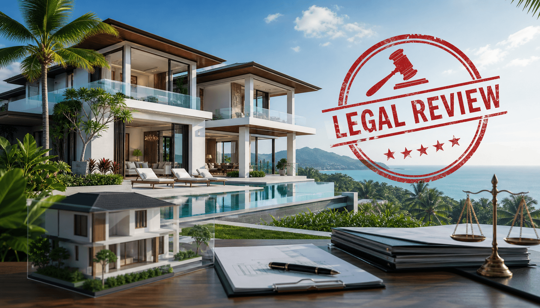 A luxury villa in Phuket with a 'Legal Review' stamp overlay, symbolizing regulatory inspection, pro