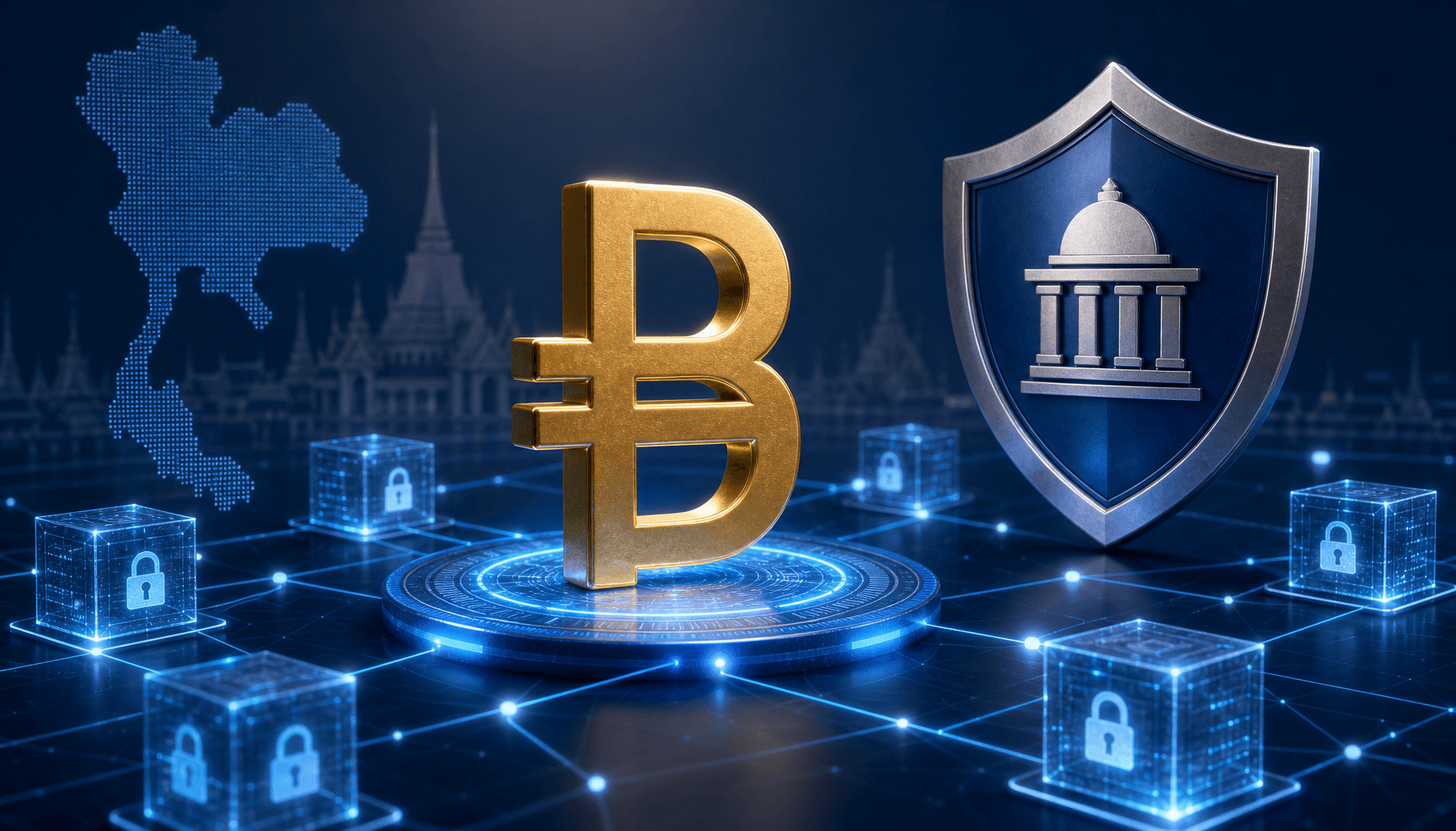 A digital graphic of a Thai Baht symbol integrated into a blockchain network, with a secure shield i