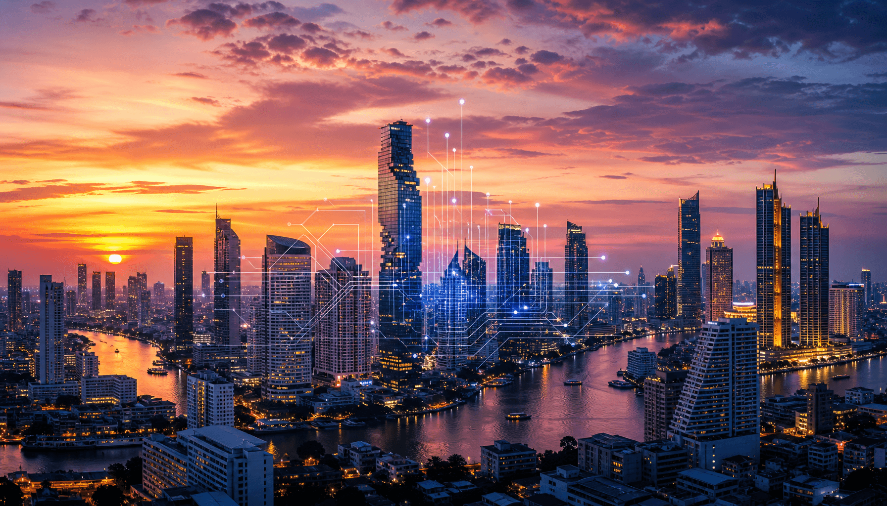 Modern Bangkok skyline at sunset with digital circuit patterns overlaying the city center.