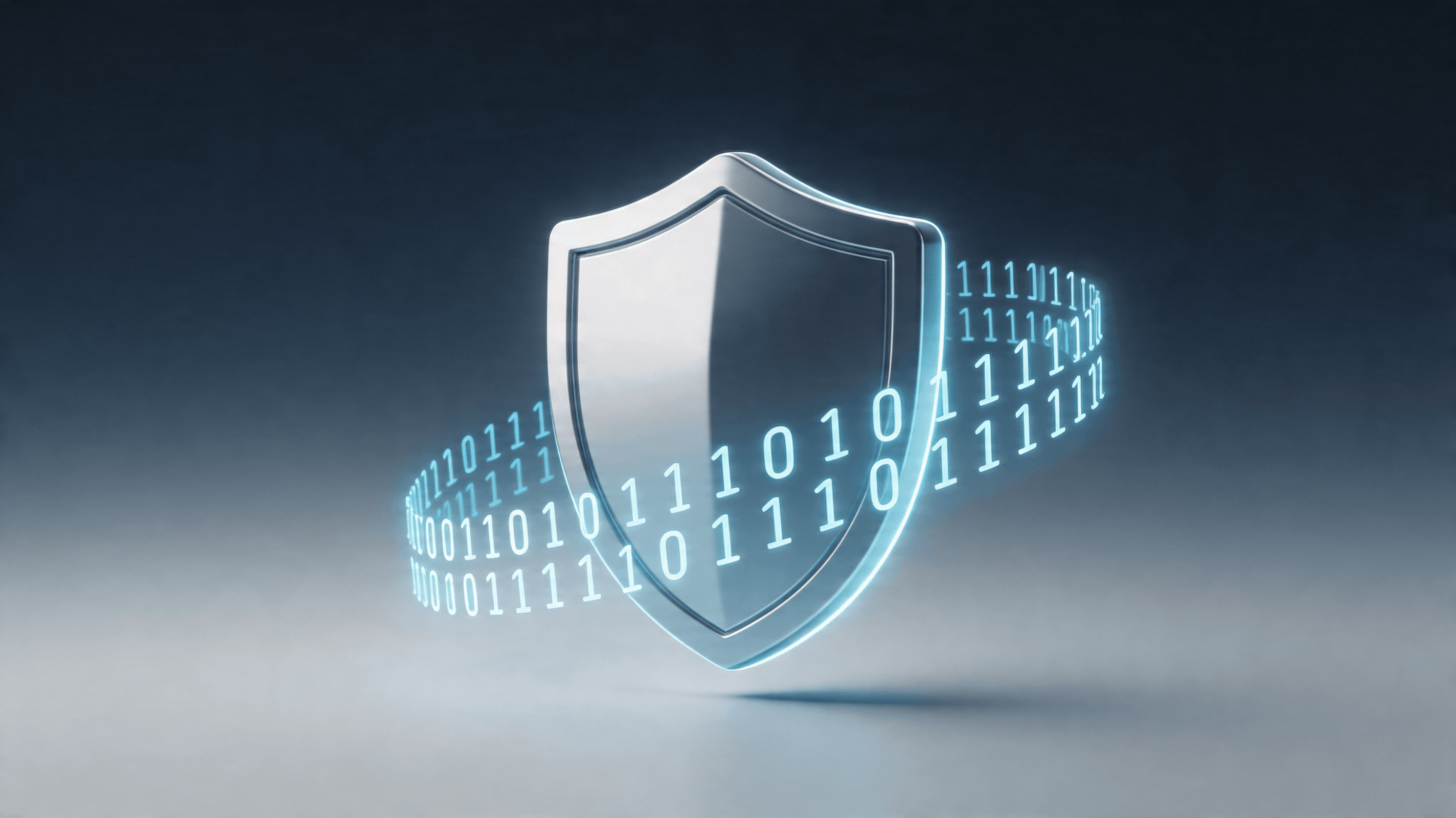 A digital graphic blending AI binary code with security shield iconography, muted professional color