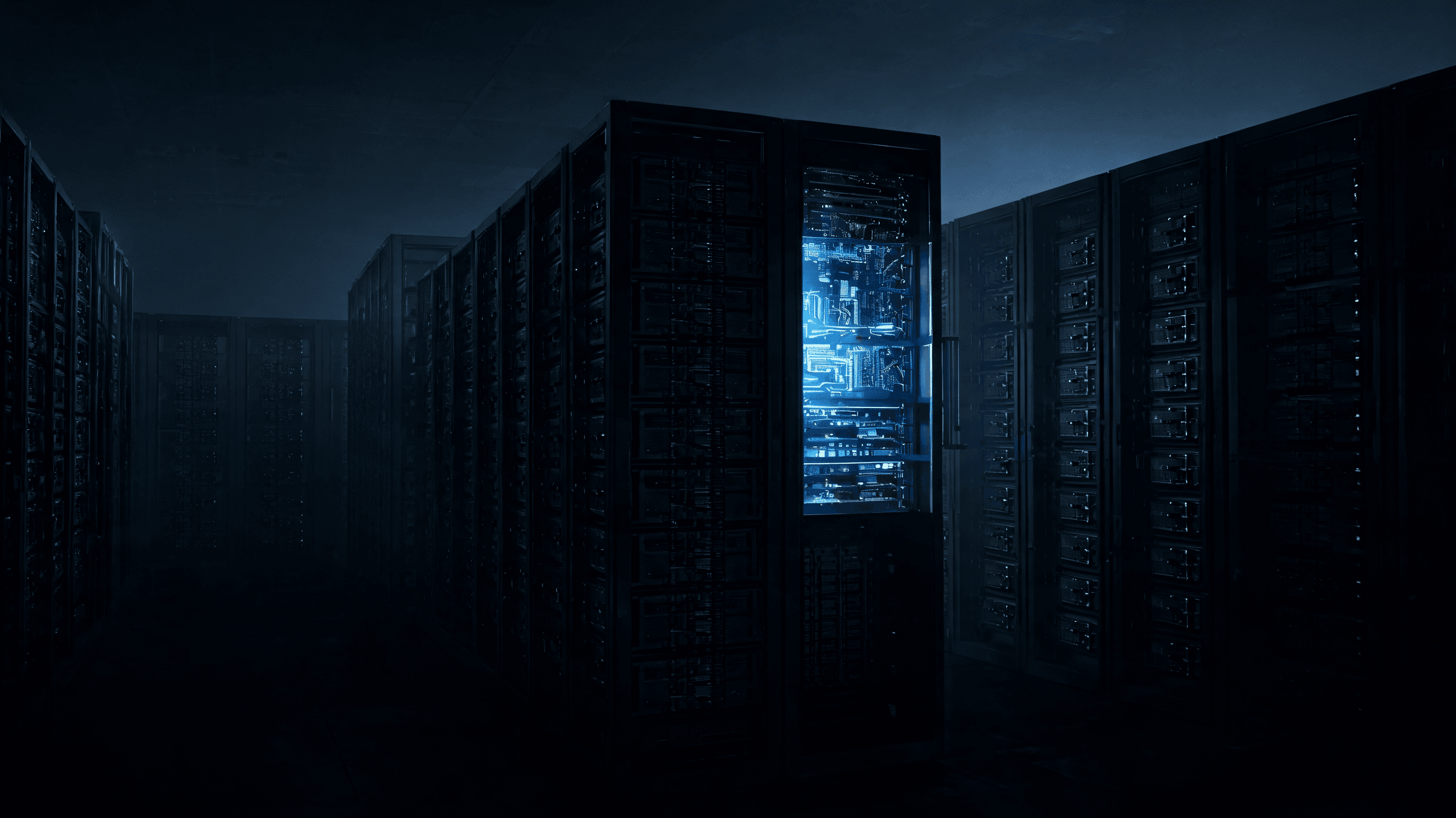 A conceptual digital illustration representing GPU server racks in a dark data center, with 95% of t
