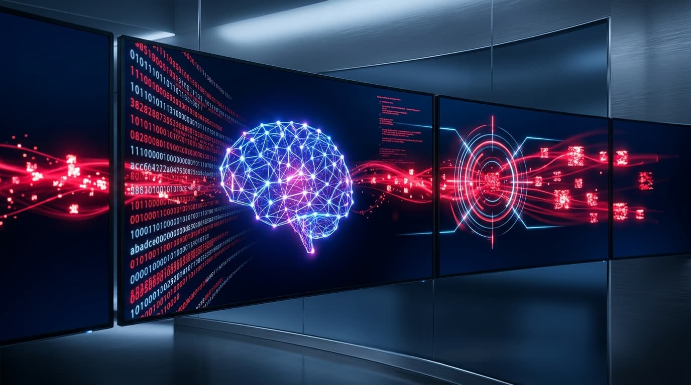 A futuristic digital security interface with glowing red data packets and a stylized representation