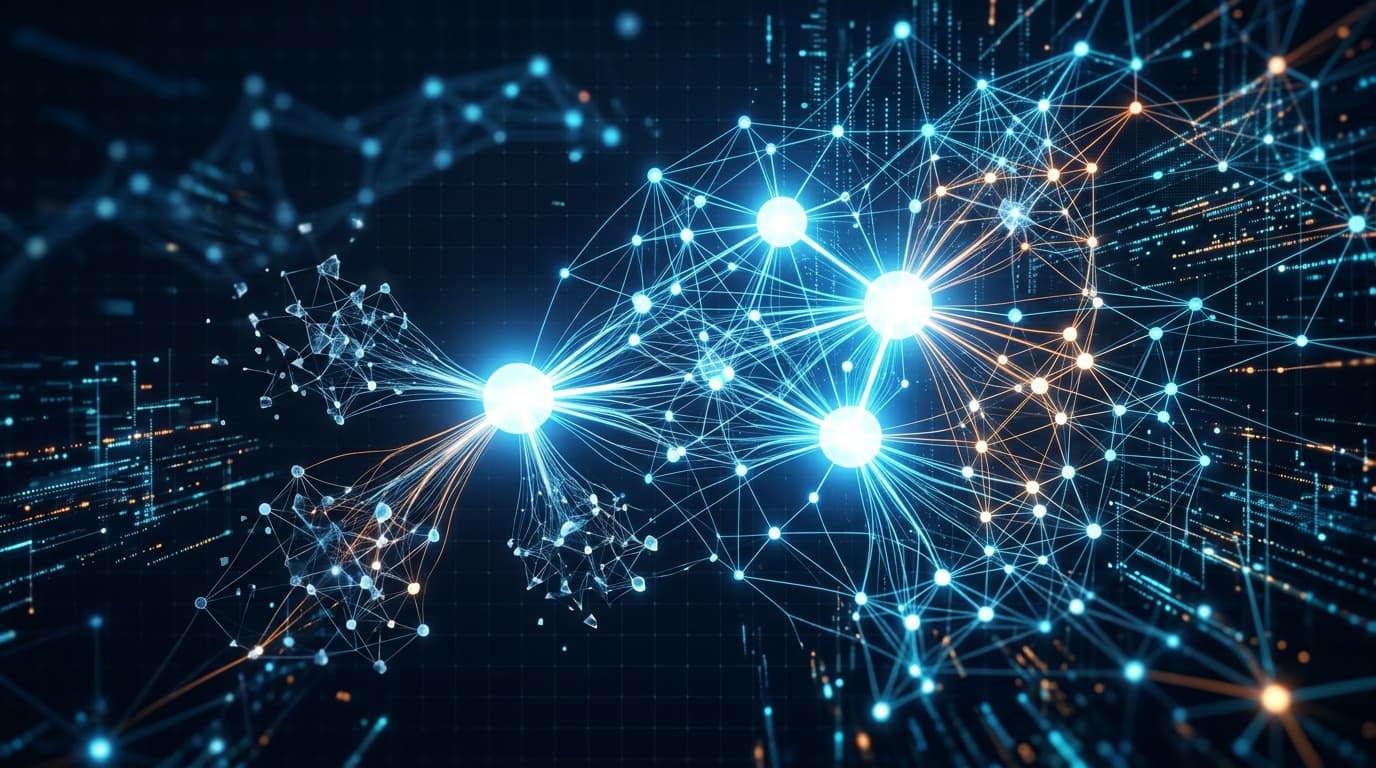 A modern, abstract representation of an AI neural network expanding, with glowing connections repres