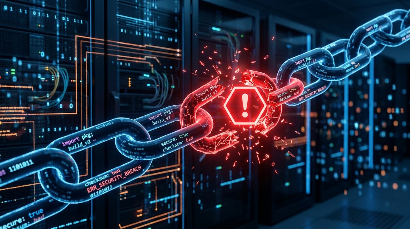 A digital visual of an insecure software supply chain, a broken link in a chain made of code blocks,