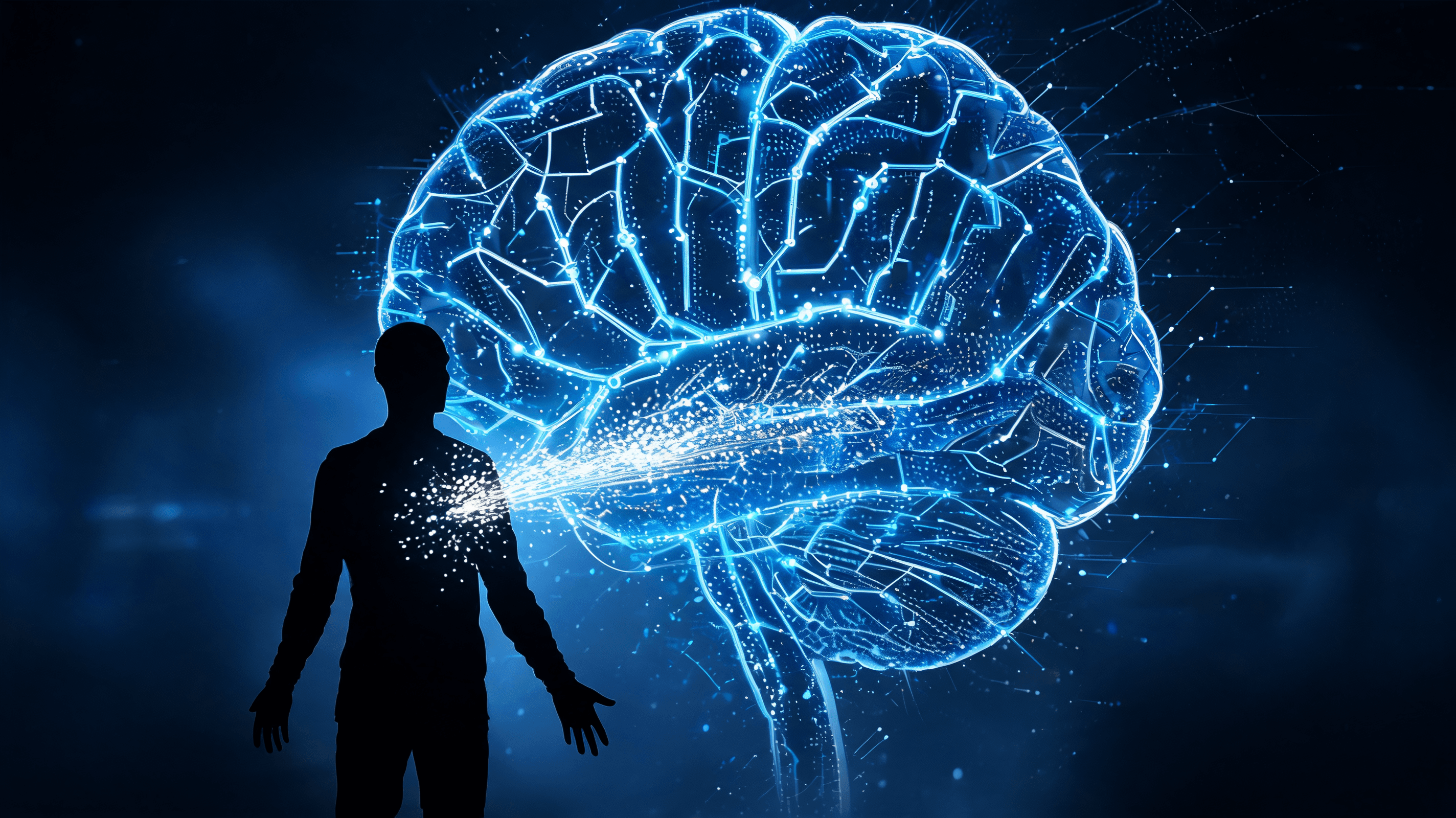 A conceptual image of a futuristic human silhouette standing in front of a giant digital brain, with