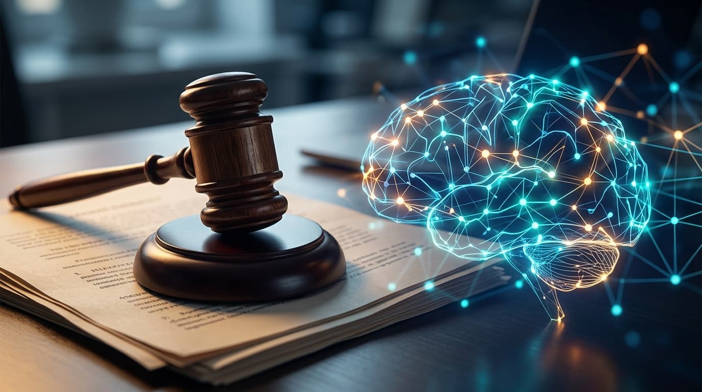A gavel resting on a legal document beside a glowing, abstract digital neural network, symbolizing t