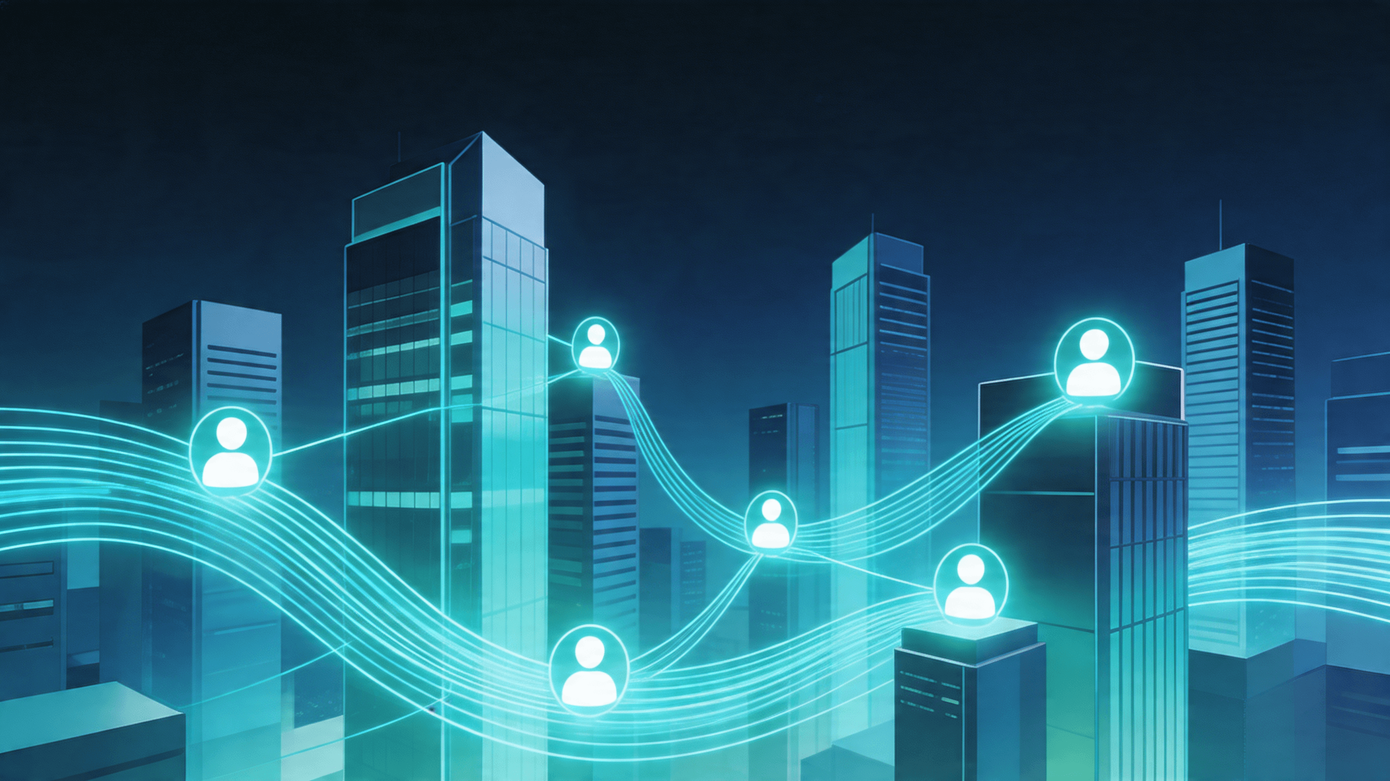 A modern, abstract digital cityscape representation of an enterprise software platform with flowing