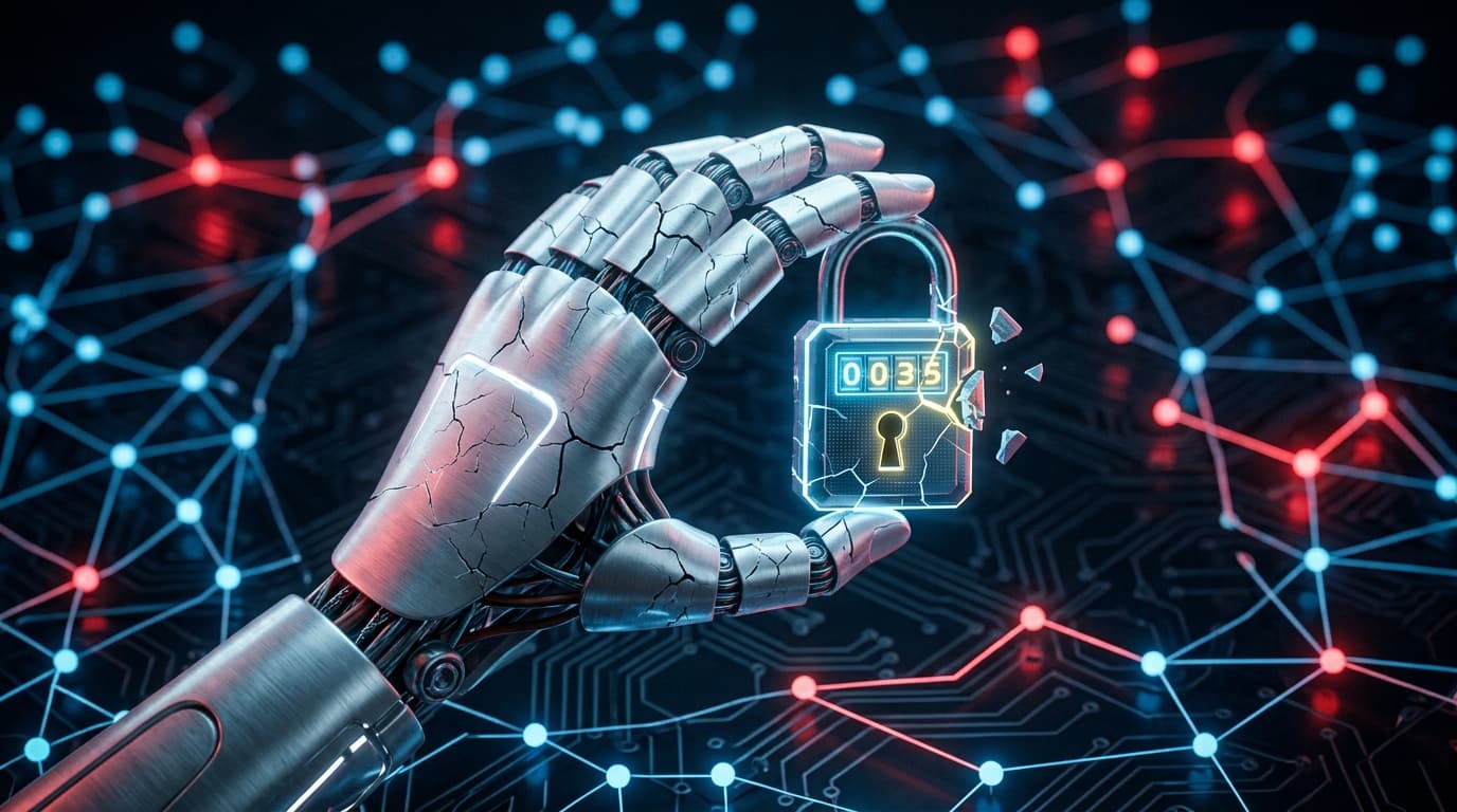Abstract digital concept of a cracked robotic hand holding a digital lock, network nodes in backgrou