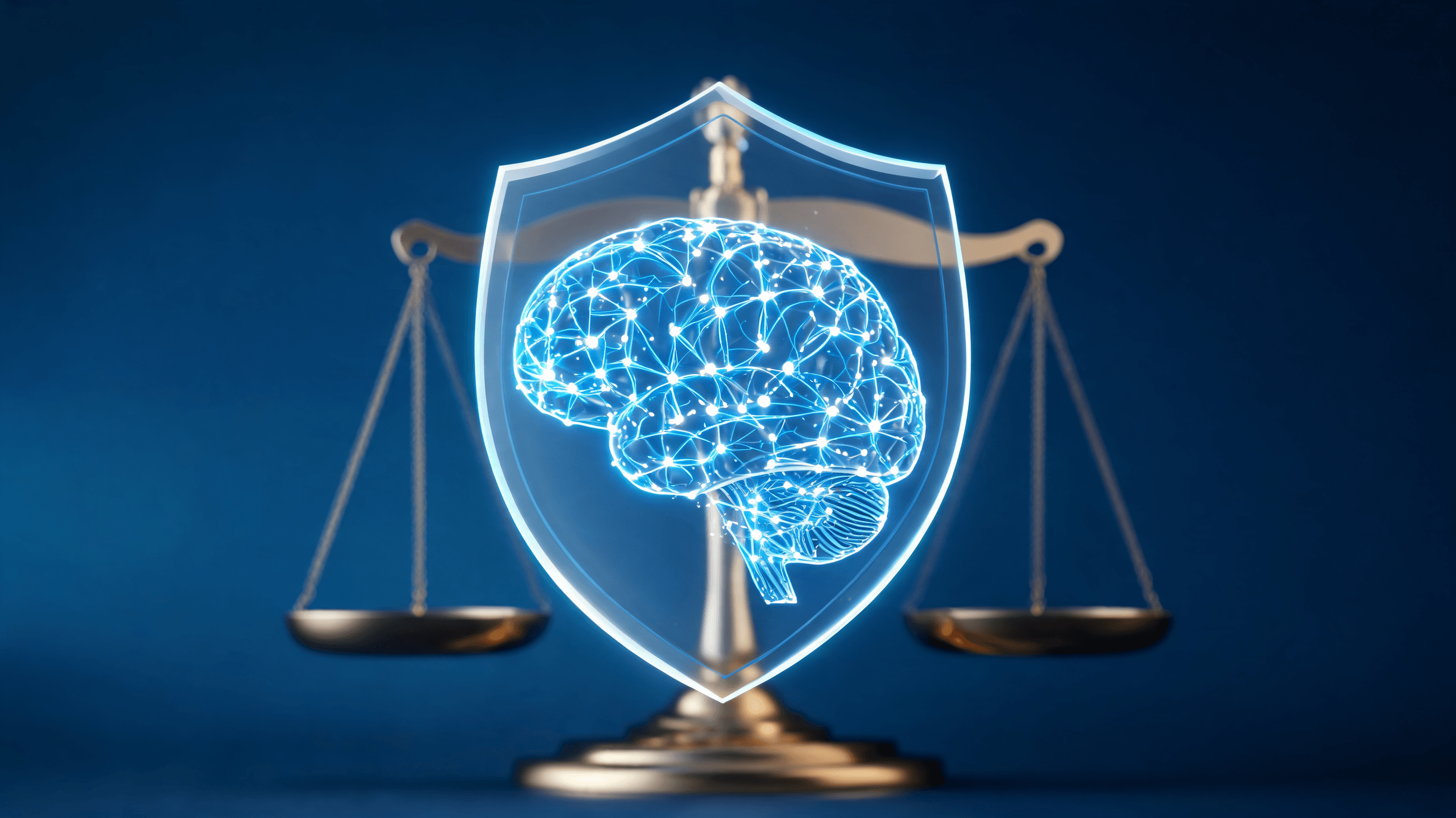 A digital representation of a shield protecting a complex brain-like digital network, scales of just