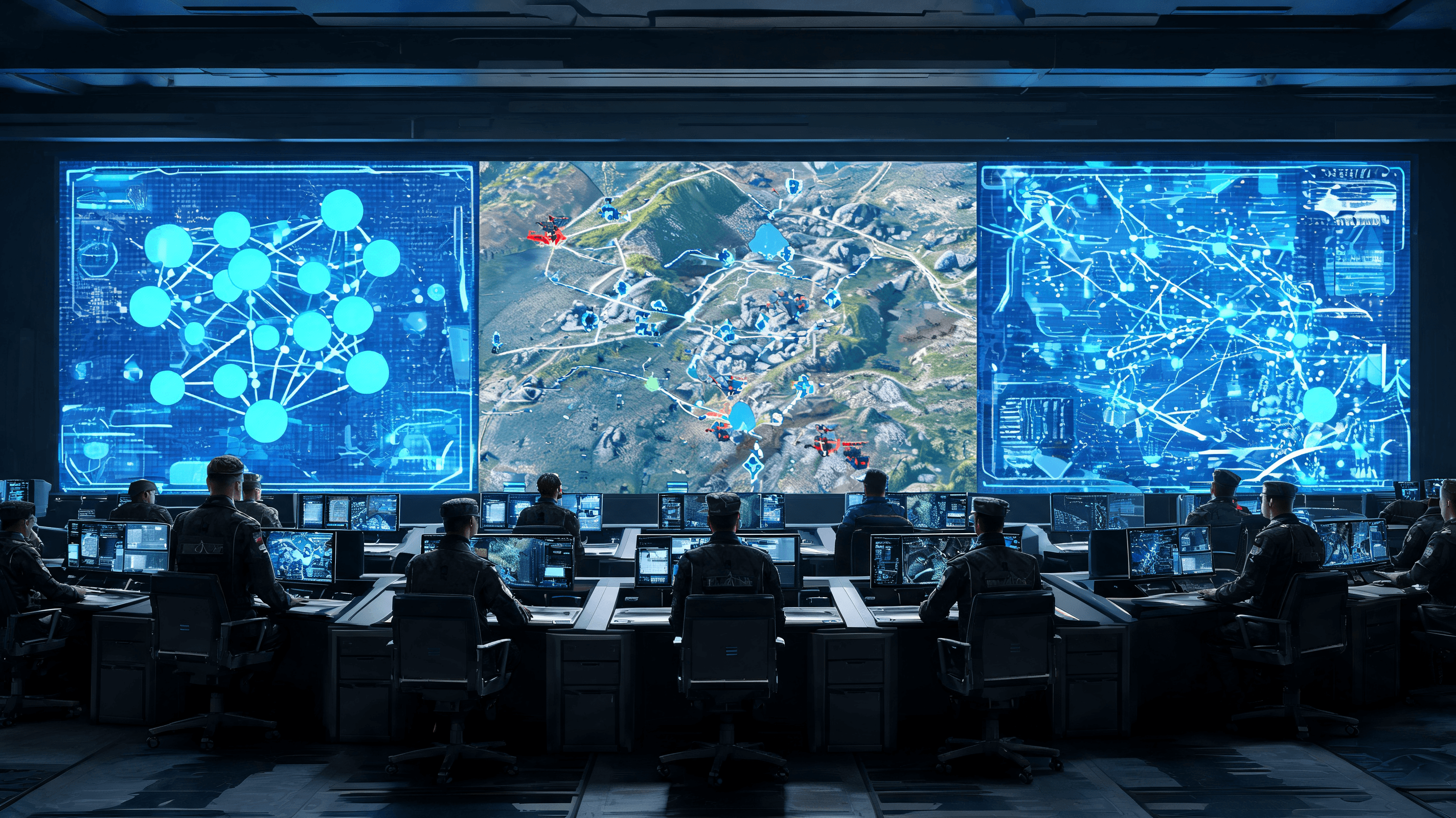 A modern military command center with large screens displaying AI network architecture and tactical
