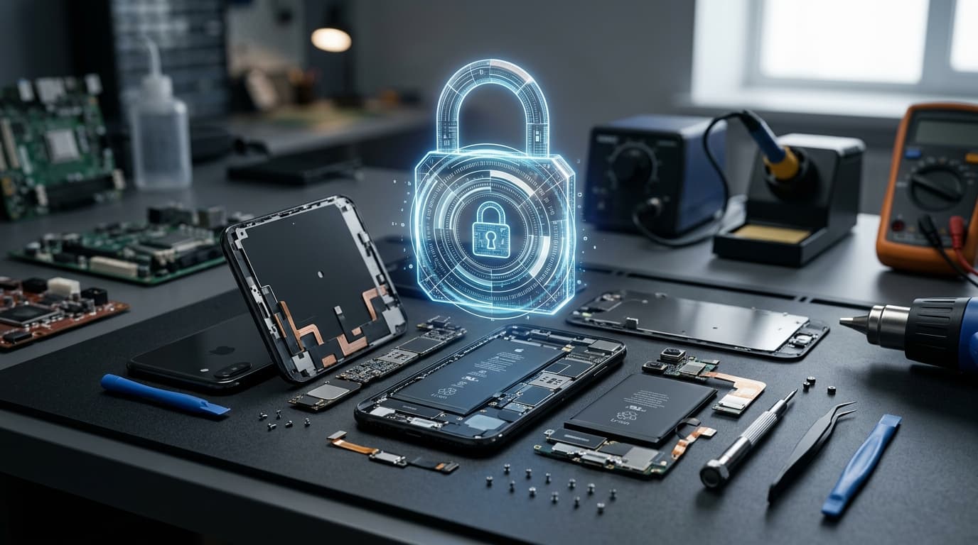 An abstract conceptual image of a disassembled electronic device with a complex, digital lock symbol