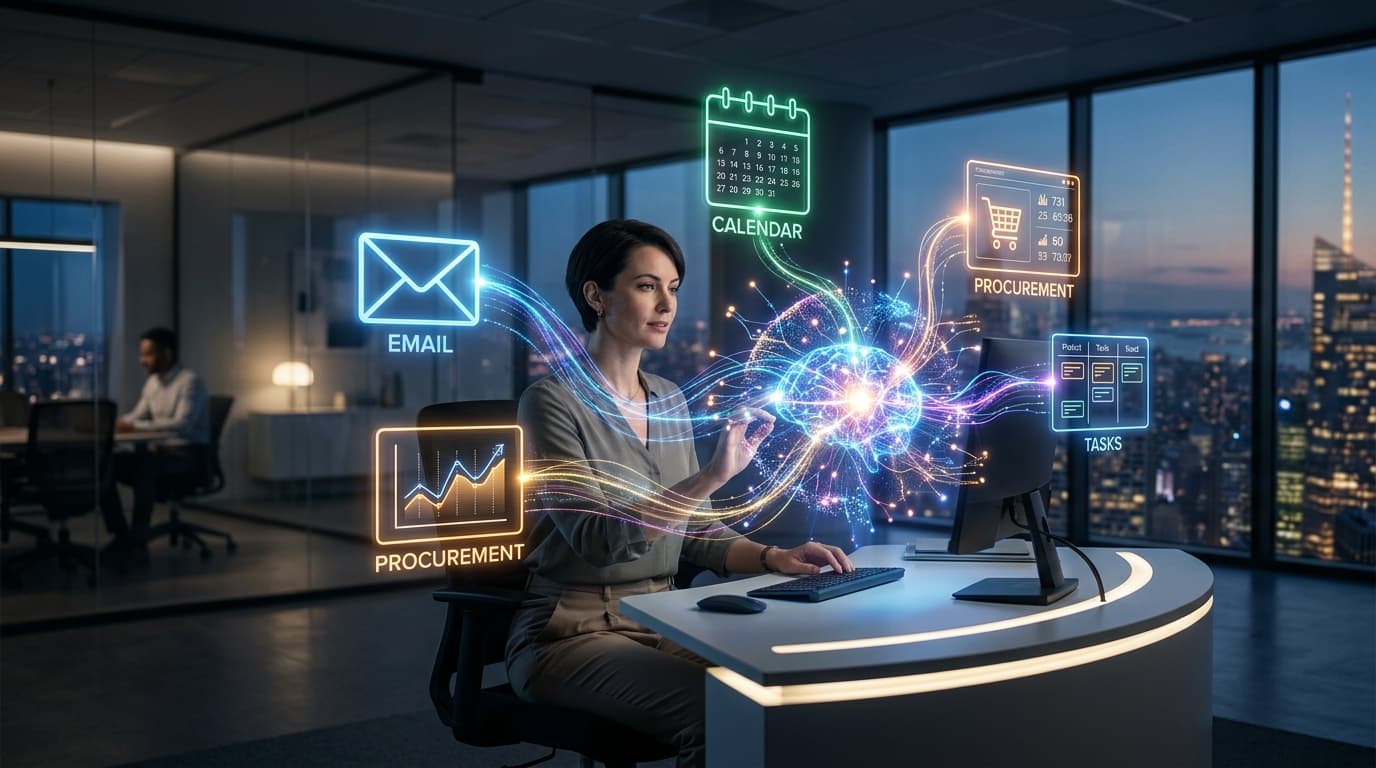 A futuristic workspace showing various floating digital icons representing tasks (email, calendar, p