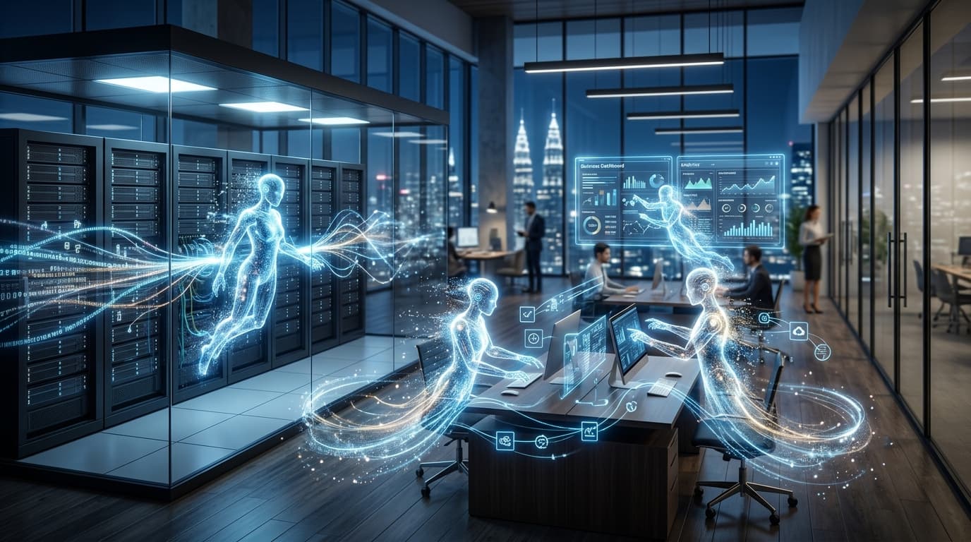 A modern, abstract representation of AI agents as glowing digital entities working behind the scenes