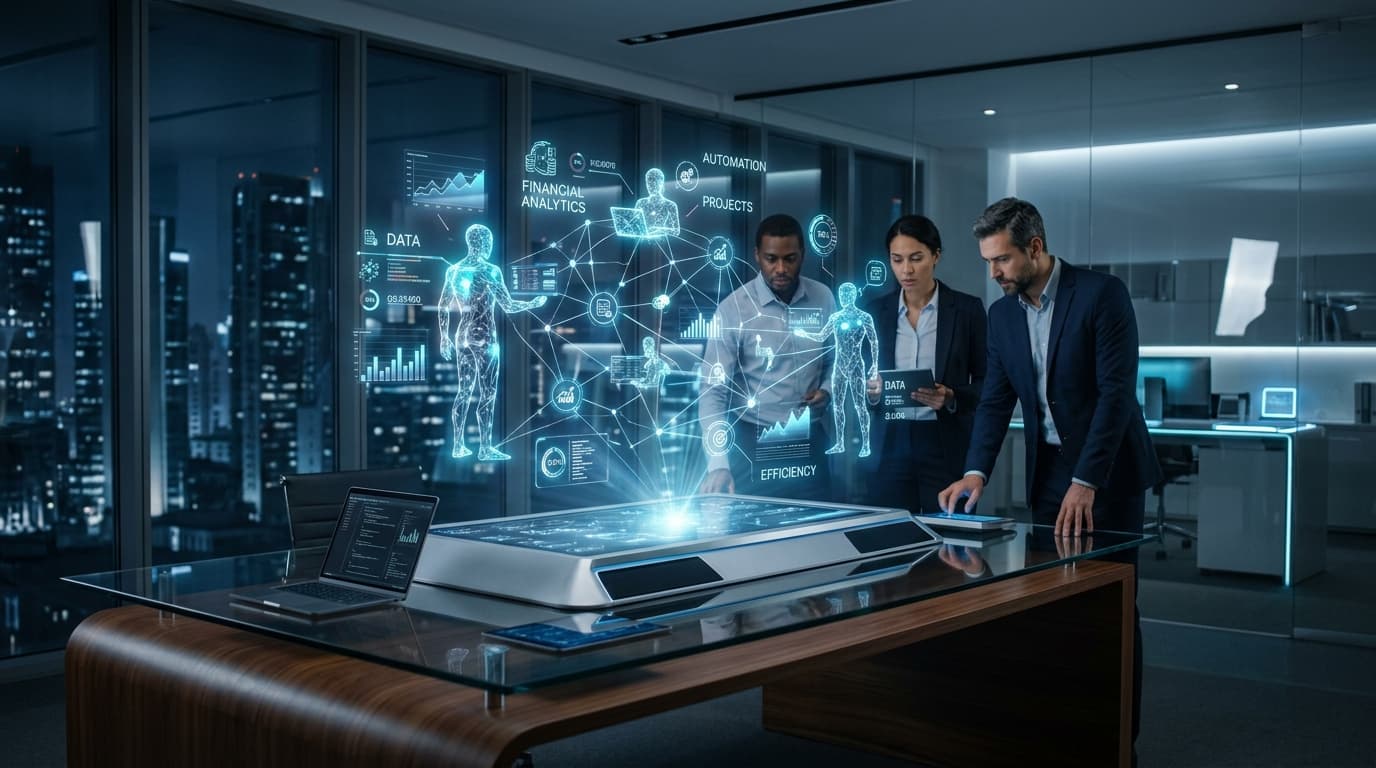 A modern, minimalist office interface showing holographic representations of autonomous AI agents wo