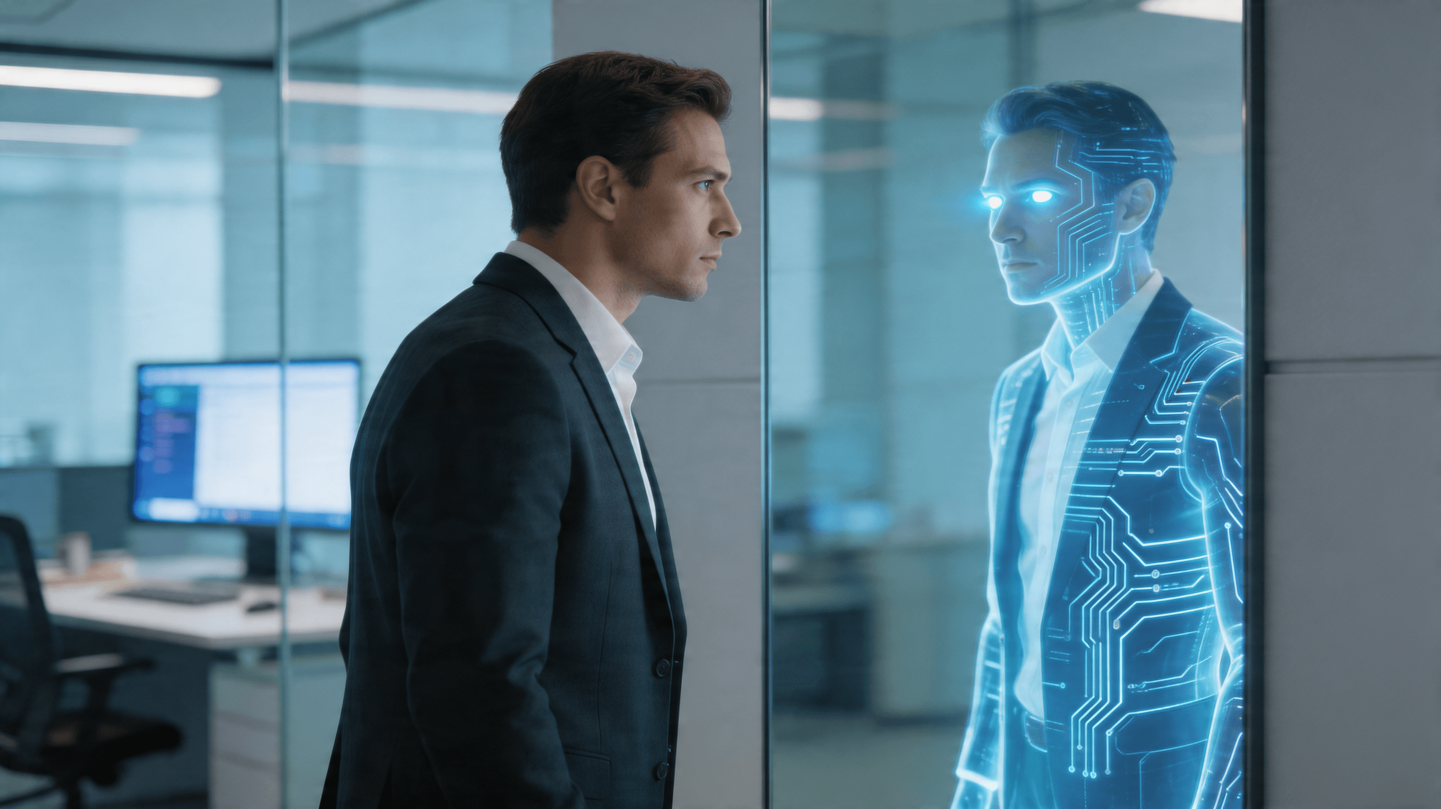A conceptual image of a human worker looking into a mirror, with a glowing, stylized AI version of t